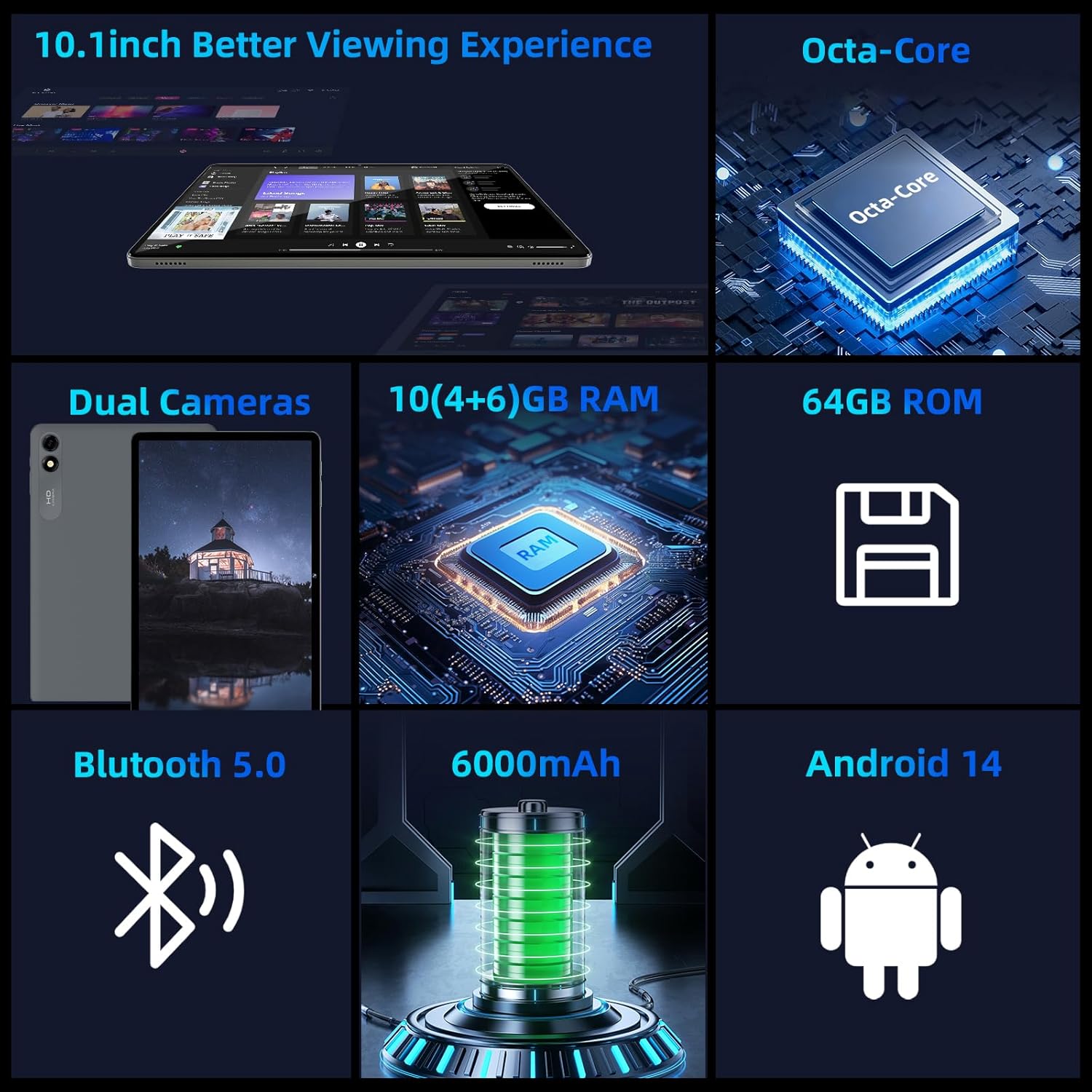 Android 14 Tablet,10 inch Tablets, Octa Core CPU, 10GB+64GB+512GB Expansion, 1280x800 HD IPS Touchcreen Display , Wi-Fi6, Dual Camera, 6000mAh Battery, Bluetooth5, 2 in 1 Tablet PC,Widevine L1