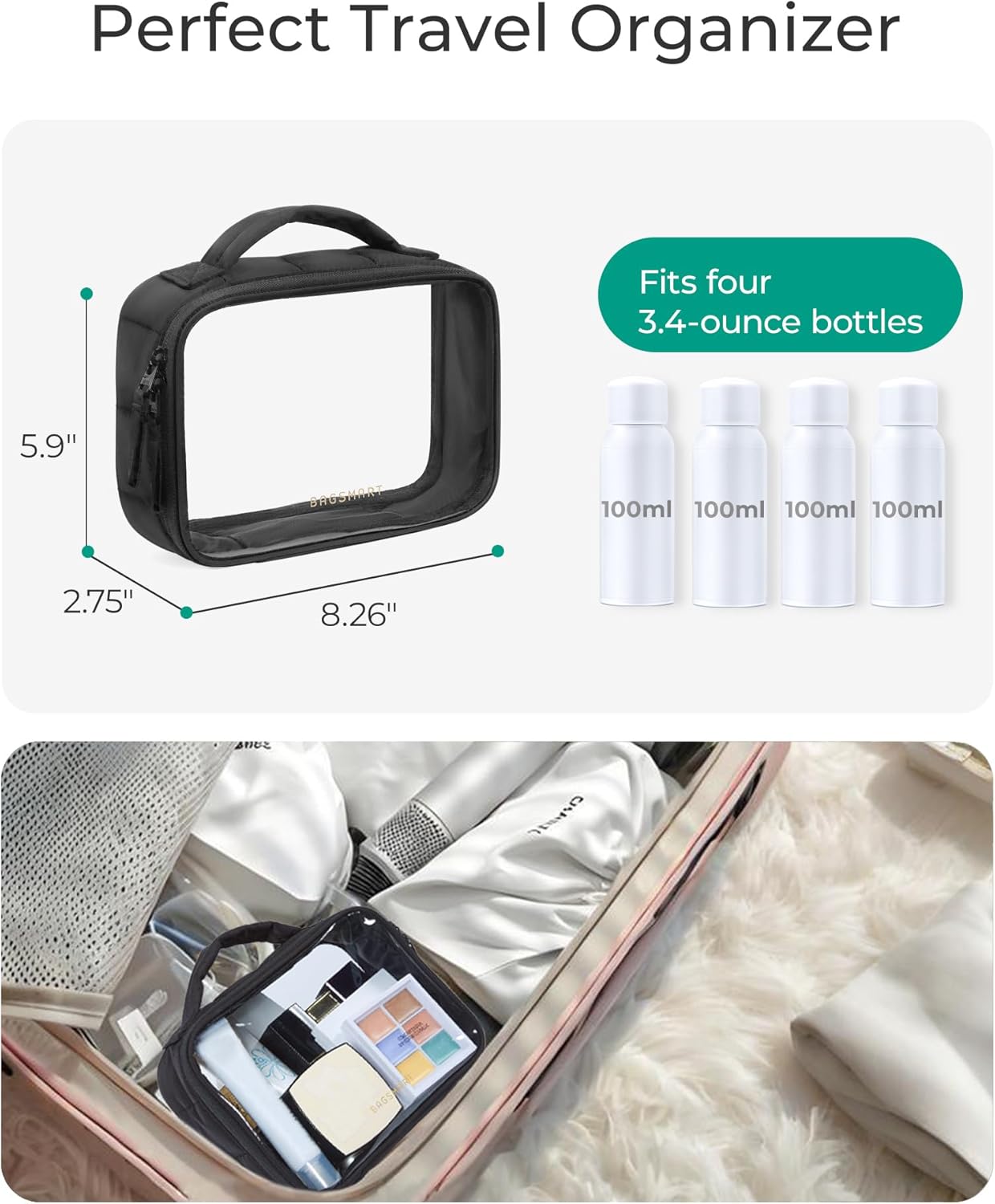 BAGSMART Clear TSA Approved Toiletry Bag, 2 Pack Travel Makeup Quart Size Cosmetic Bag with Handle for Women Men, Carry on Airport Airline Compliant