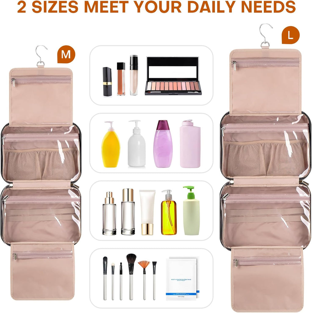 Hanging Toiletry Bag for Women Travel, 2 Sizes Large & Small Waterproof Cosmetic Organizer with 4 Compartments, Rotating Hook, Foldable Pink Travel Bag for Toiletries & Makeup - Medium Black