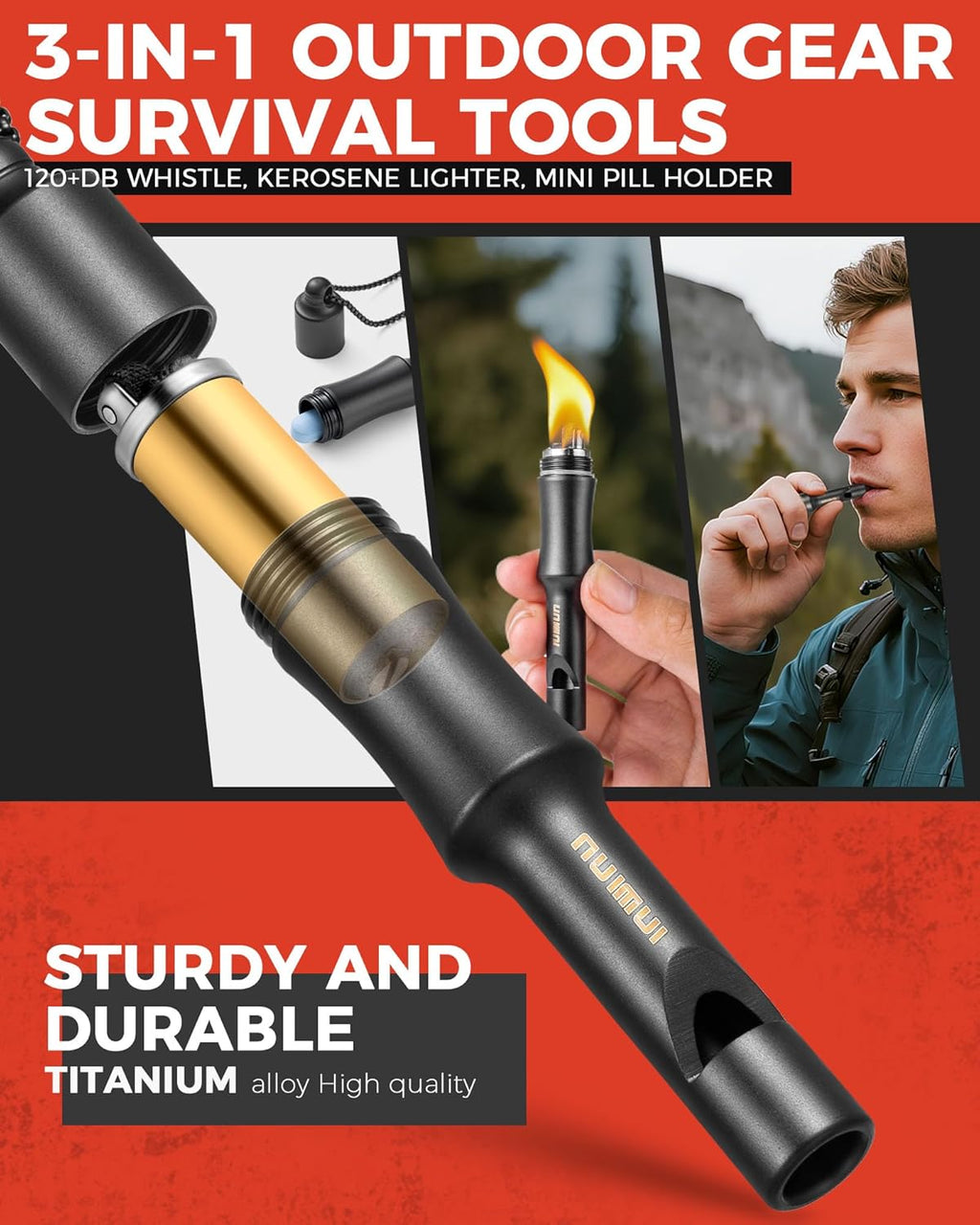 3-in-1 Fire Starter Survival Tool -Titanium Emergency Whistle, Kerosene Lighter & Mini Pill Holder, IPX8 Water-Resistant, Dust-Resistant, Compact for Hiking, Camping, Rescue(Fuel not Included)