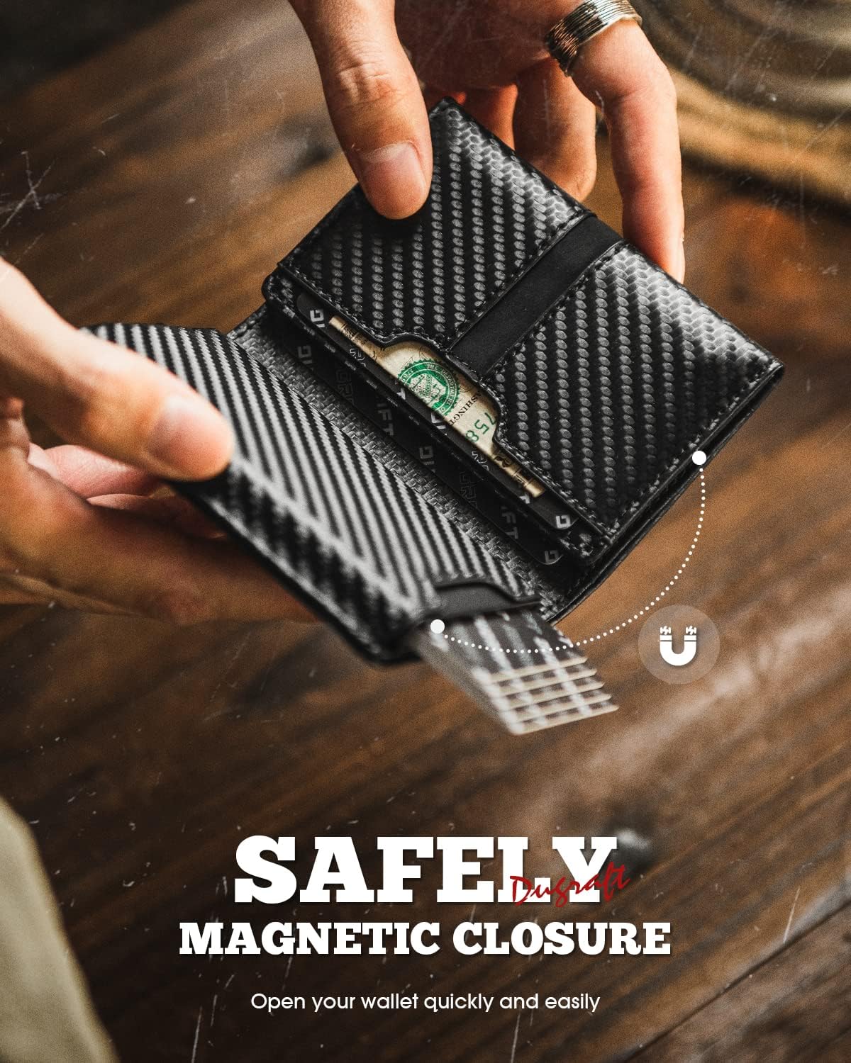DUGRAFT Mens Wallet for Max.11 Cards with Pop Up Credit Card Ejector Case RFID Blocking, Bills/Cash Compartment and ID Window, Giftbox Packed, Carbon Fiber Black