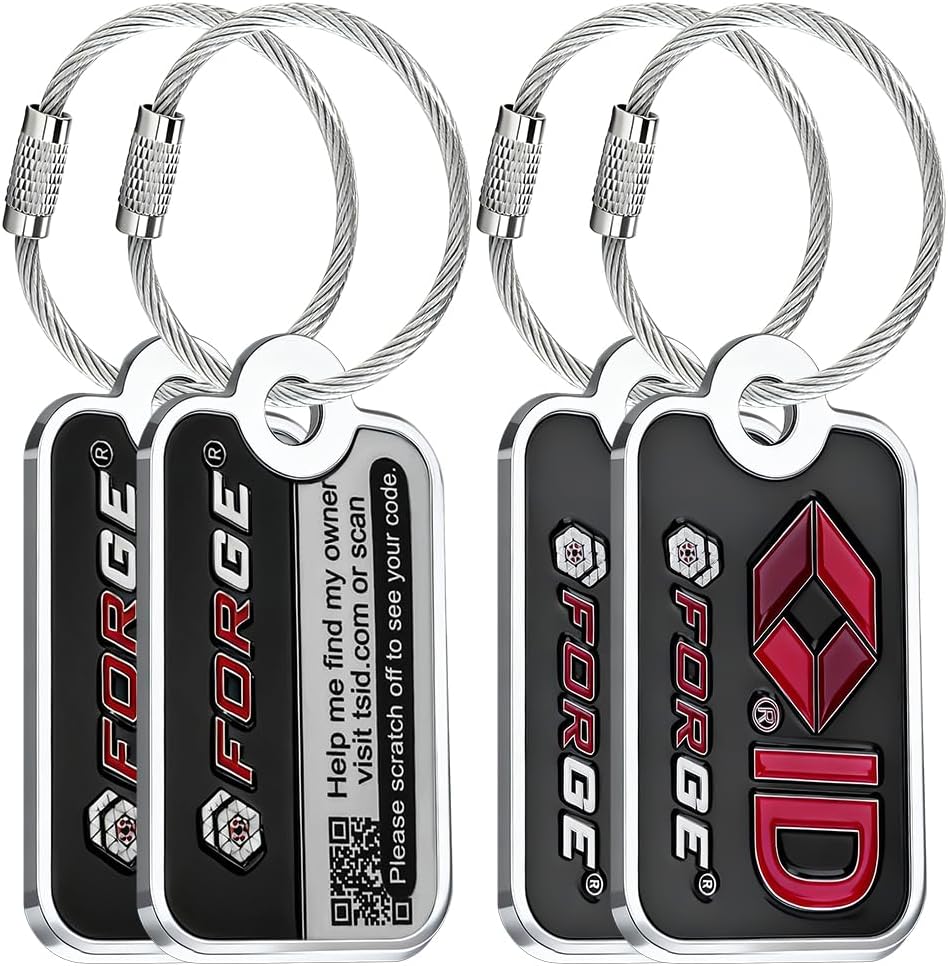 Forge Smart Lost and Found Luggage Tags, Global Luggage Tracking Tag, Travel Sentry Powered Baggage ID System for Luggage, Bags, Suitcases, and More (Black 4 PK)