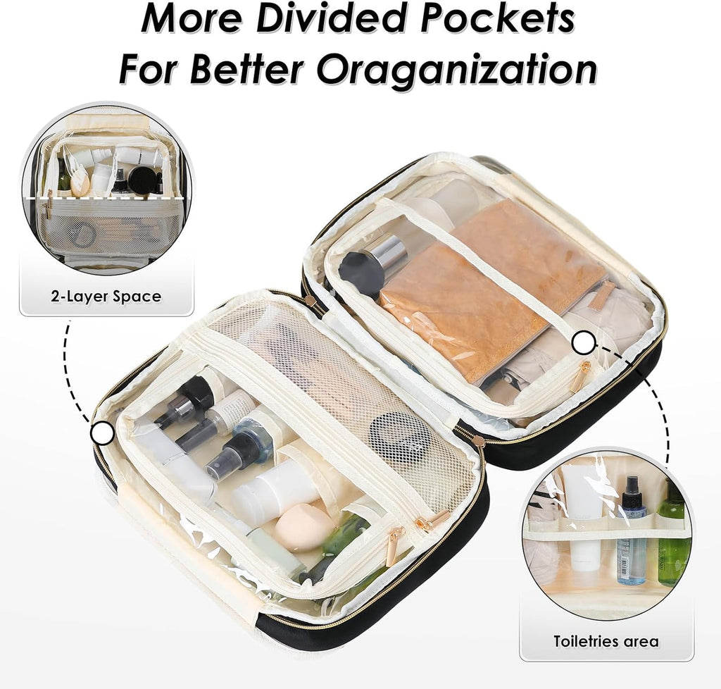 Travel Toiletry Bag Hanging Toiletry Bag for Women Water-resistant Cosmetic Makeup Bag for Full Sized Travel Essentials Must Have (Black)