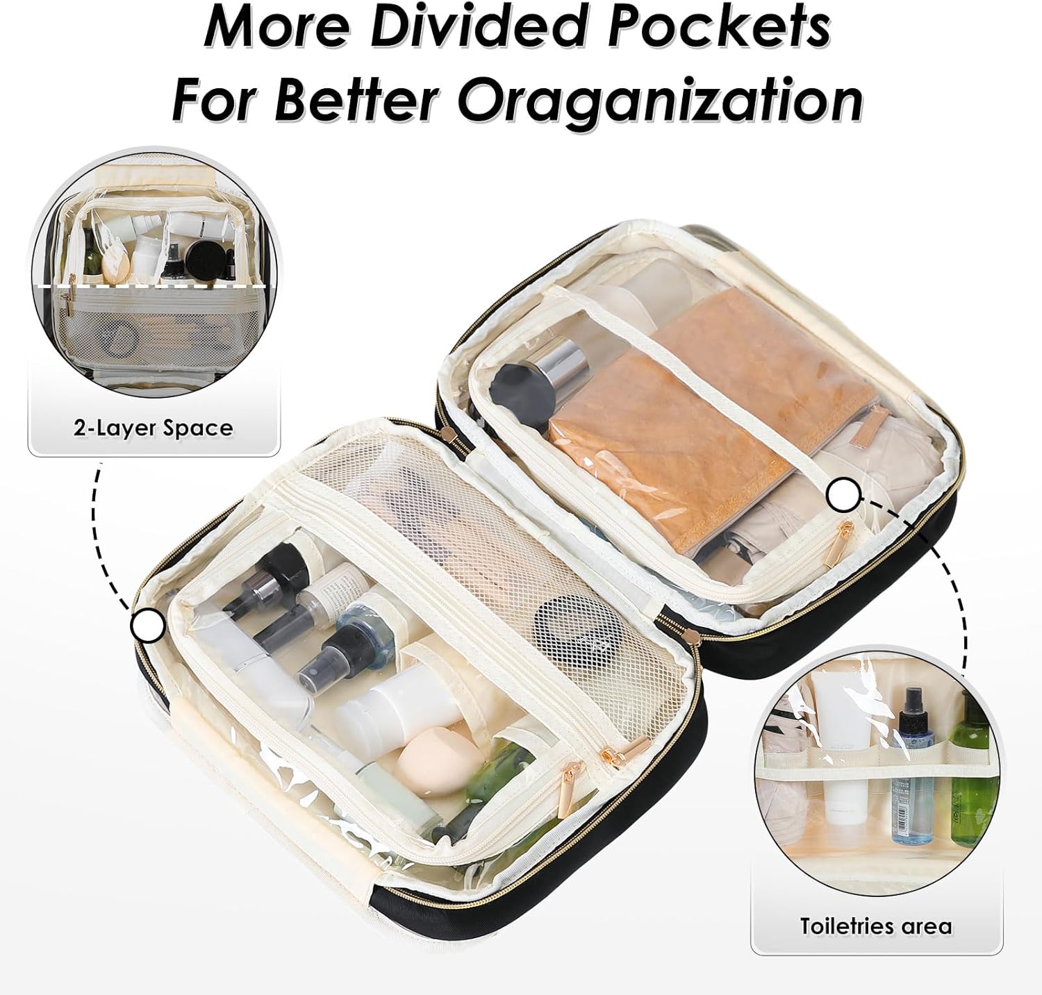 Travel Toiletry Bag Hanging Toiletry Bag for Women Water-resistant Cosmetic Makeup Bag for Full Sized Travel Essentials Must Have (Black)