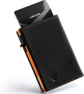 LORZOR Wallet for Men with Metal Card Holder, Pop Up Wallet, Finest Full Grain Leather Trifold Wallet, Smart, Minimalist, RFID Blocking, Front Pocket, ID Window, Black/Orange