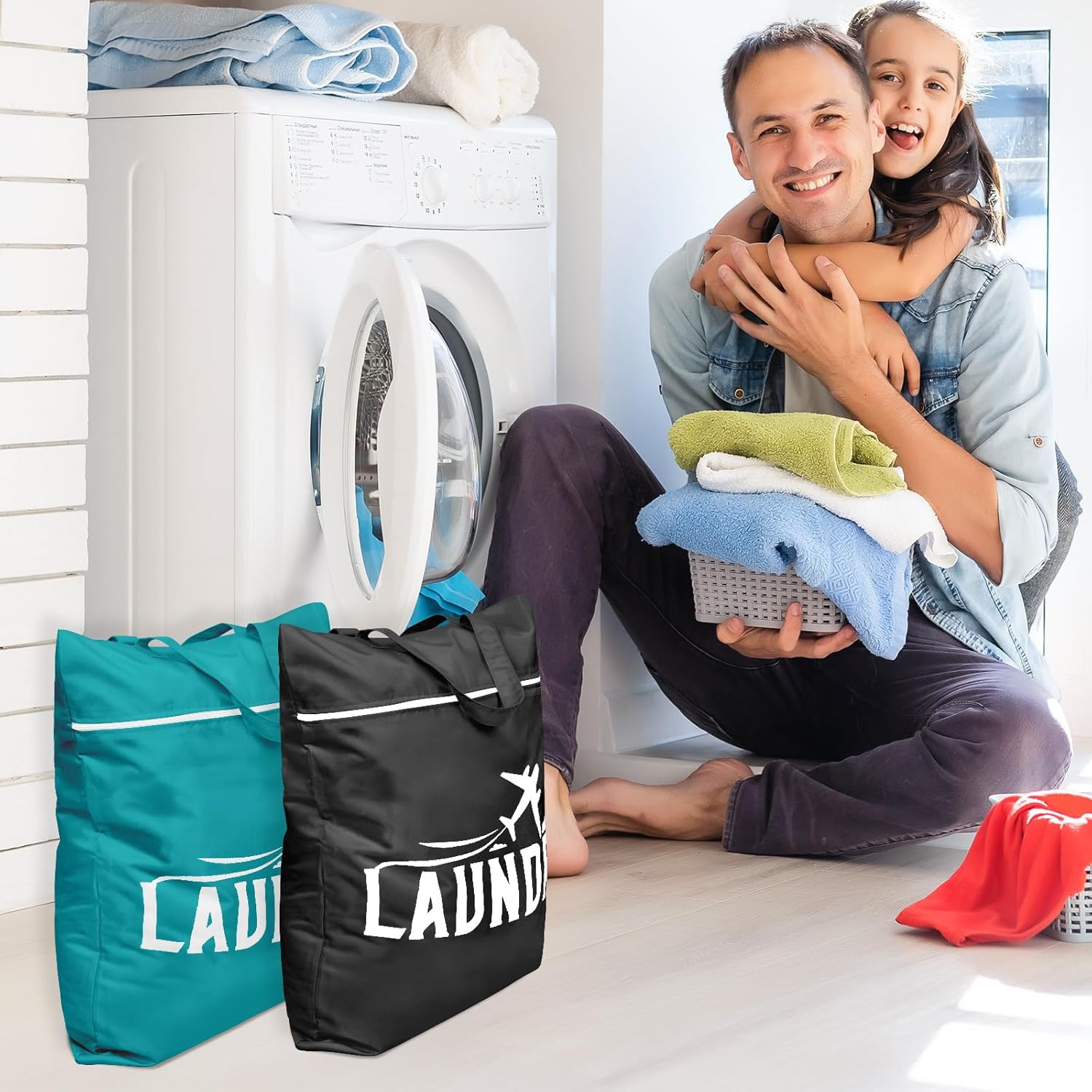 2 Pcs Large Travel Laundry Bag - Washable Waterproof Wet Bag for Dirty Clothes, Swimsuit, Workout, Gym, Swimming Pool, Yoga, College Dorm (Black+Blue)