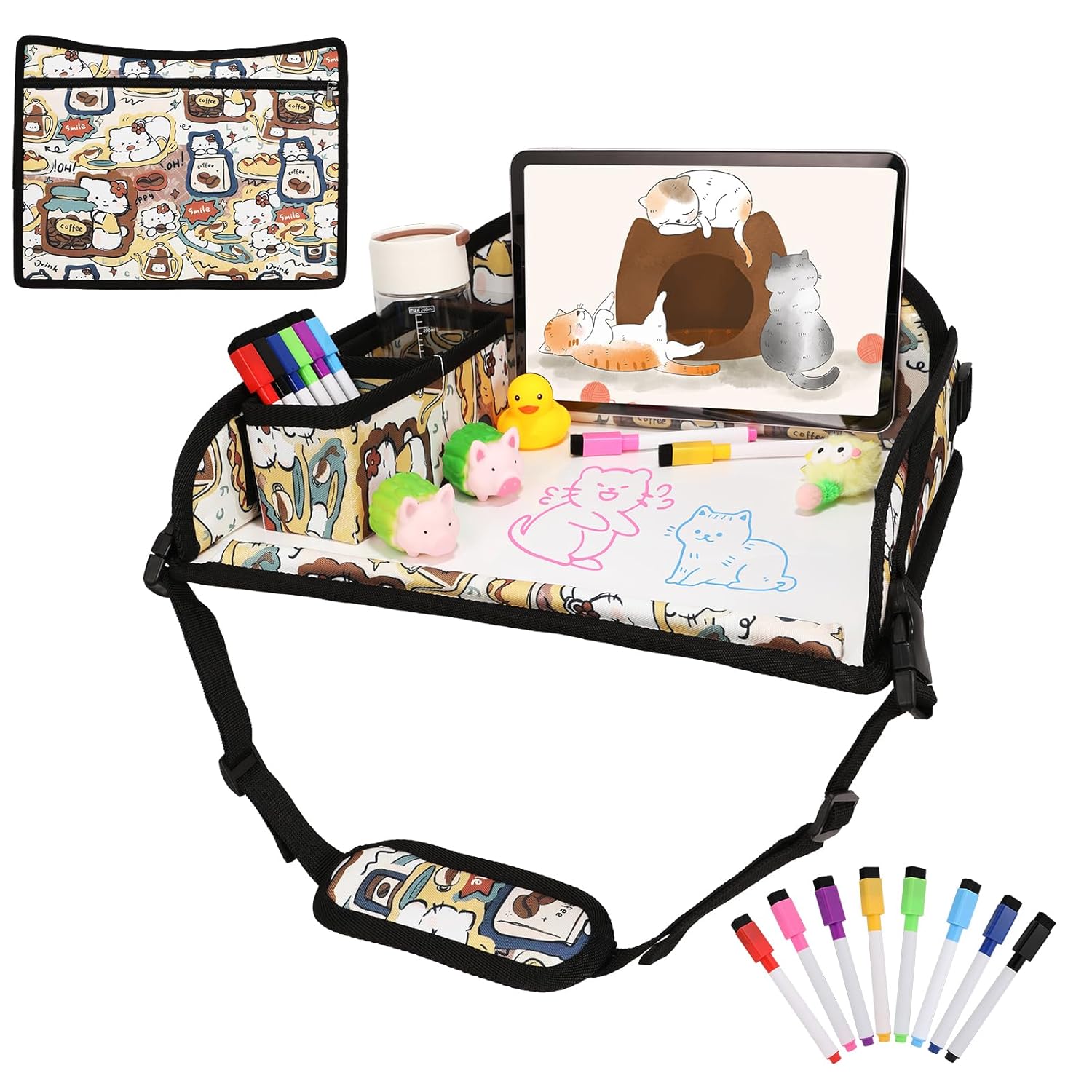 Kids Travel Tray for Airplane - Toddler Car Seat Table Tray, Road Trip Essentials for Boys & Girls, Carseat Lap Desk for Kids Road Trip Activities, Cute Kitten