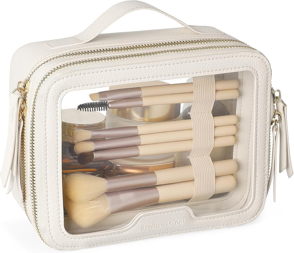 PACKISM Double Layer Clear Makeup Bag - Pebbled Texture & Hard PU Leather Car Bag Organizer for Car Essentials, with Message Card Travel Cosmetic Bag for Women Gift (Cream 2 Layer)