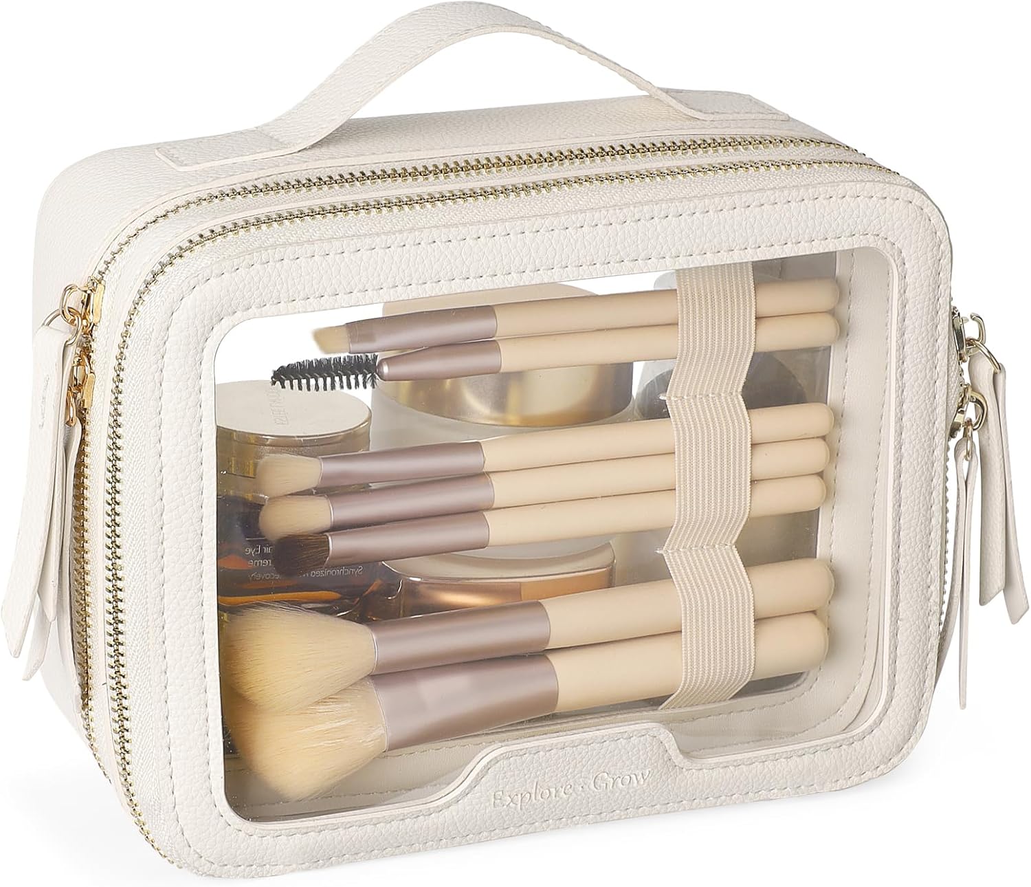 PACKISM Double Layer Clear Makeup Bag - Pebbled Texture & Hard PU Leather Car Bag Organizer for Car Essentials, with Message Card Travel Cosmetic Bag for Women Gift (Cream 2 Layer)