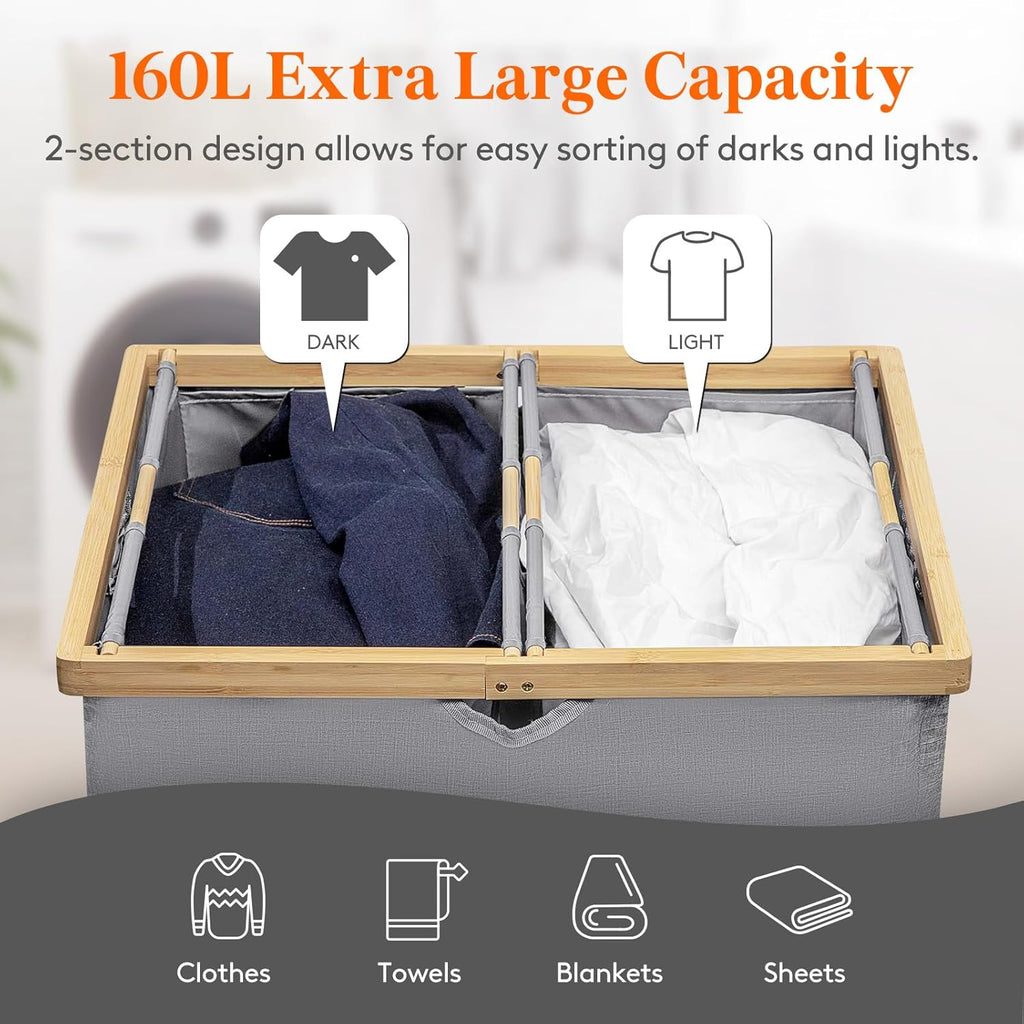 Lifewit 160L Double Laundry Hamper with Lid, Extra Large Bamboo Laundry Basket Dirty Clothes Hamper, 2 Section Laundry Bin Organizer for Laundry Room Bedroom with 2 Removable Liners & Bags, Gray