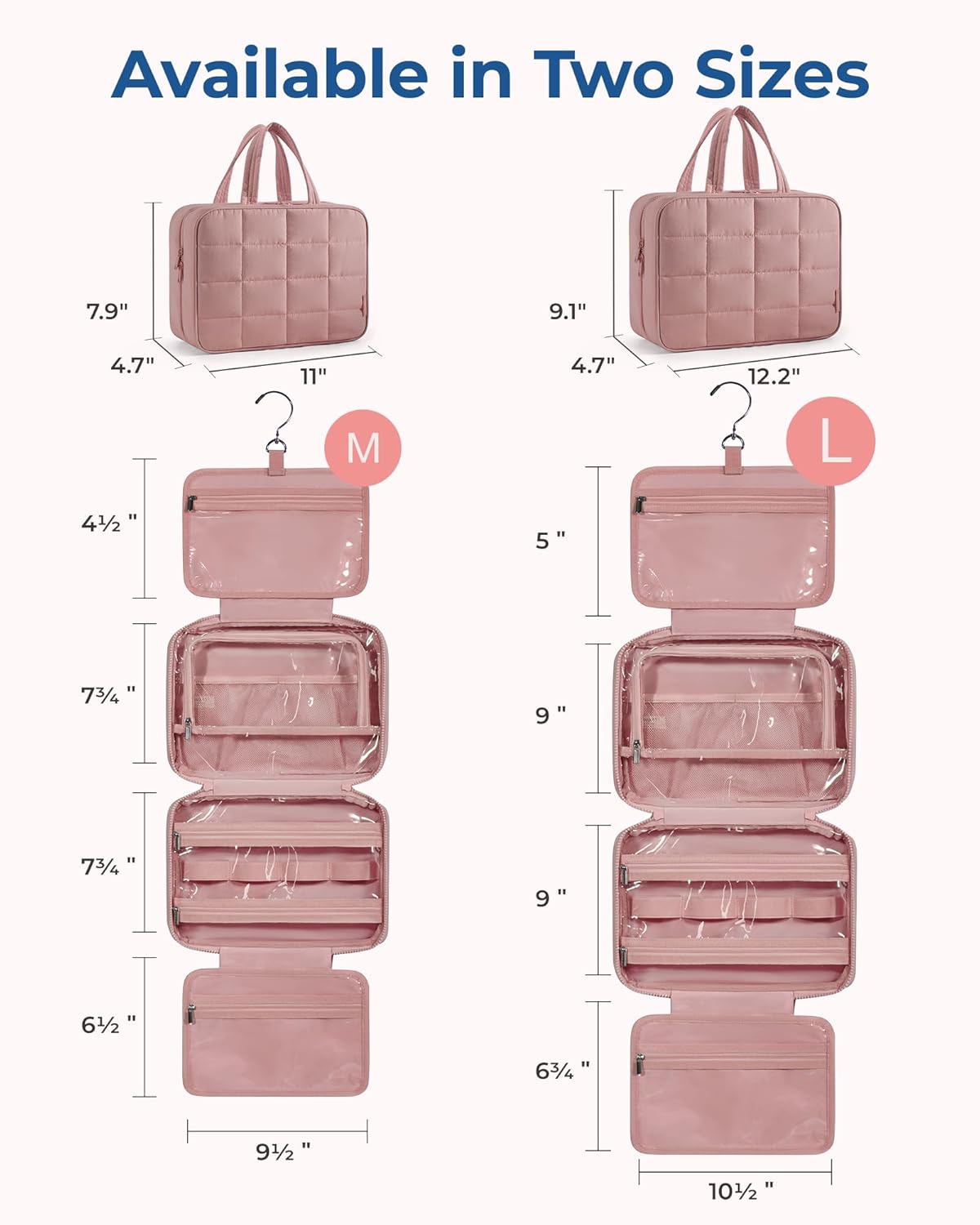 BAGSMART Travel Toiletry Bag with Jewelry Organizer, Hanging Travel Bag for Toiletries, Puffy Makeup Cosmetic Bag Organizer, Carry-on Travel Accessories Essentials, Dark Pink-M