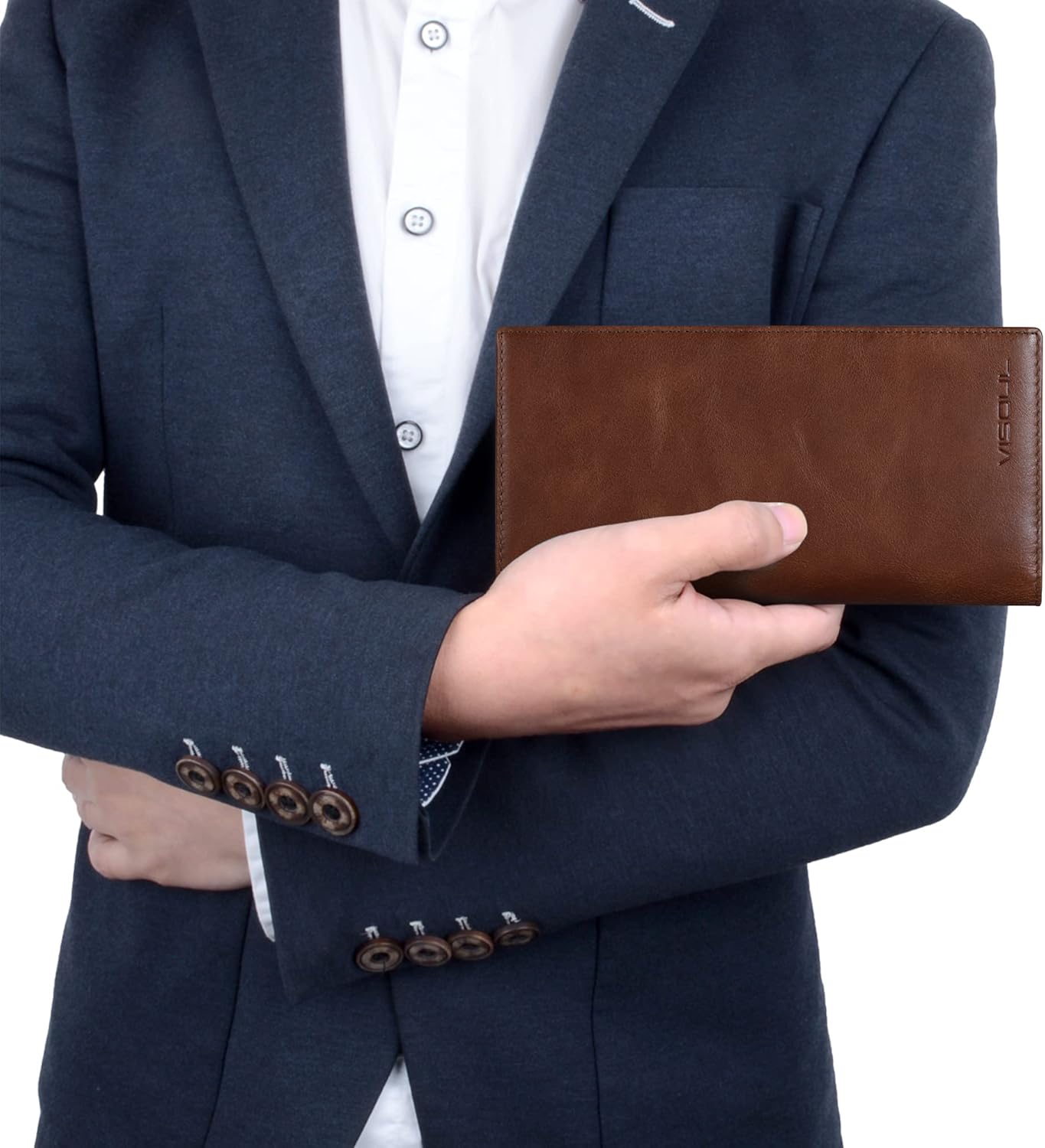 VISOUL Mens Checkbook Leather Wallets Long Bifold Wallets for Men Suit Wallet with 3 Cash Compartments 12 Credit Card Slots (Brown)