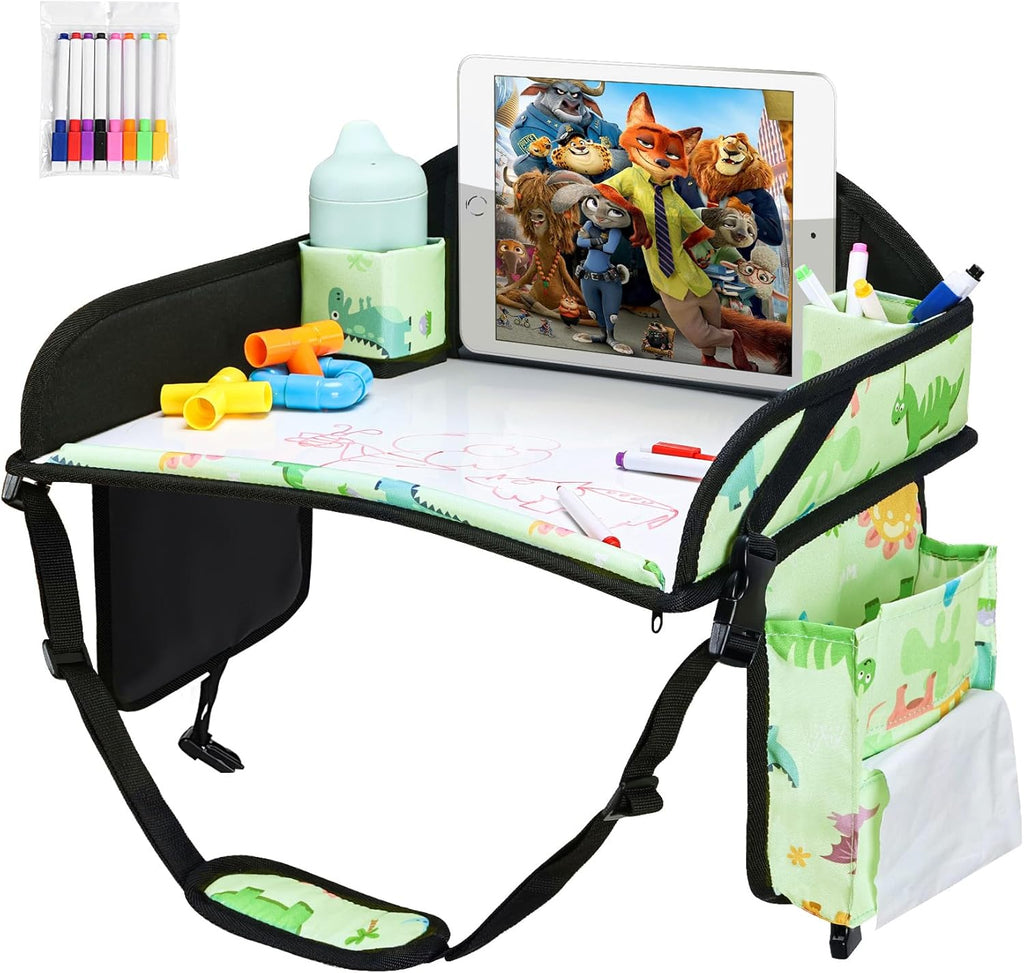 2PCS Kids Travel Tray, Car Seat Tray for kids Travel, Toddler Road Trip Essentials With Drawing Kit, Toddler Lap Desk Organizer for Car, Carseat Table for Airplane