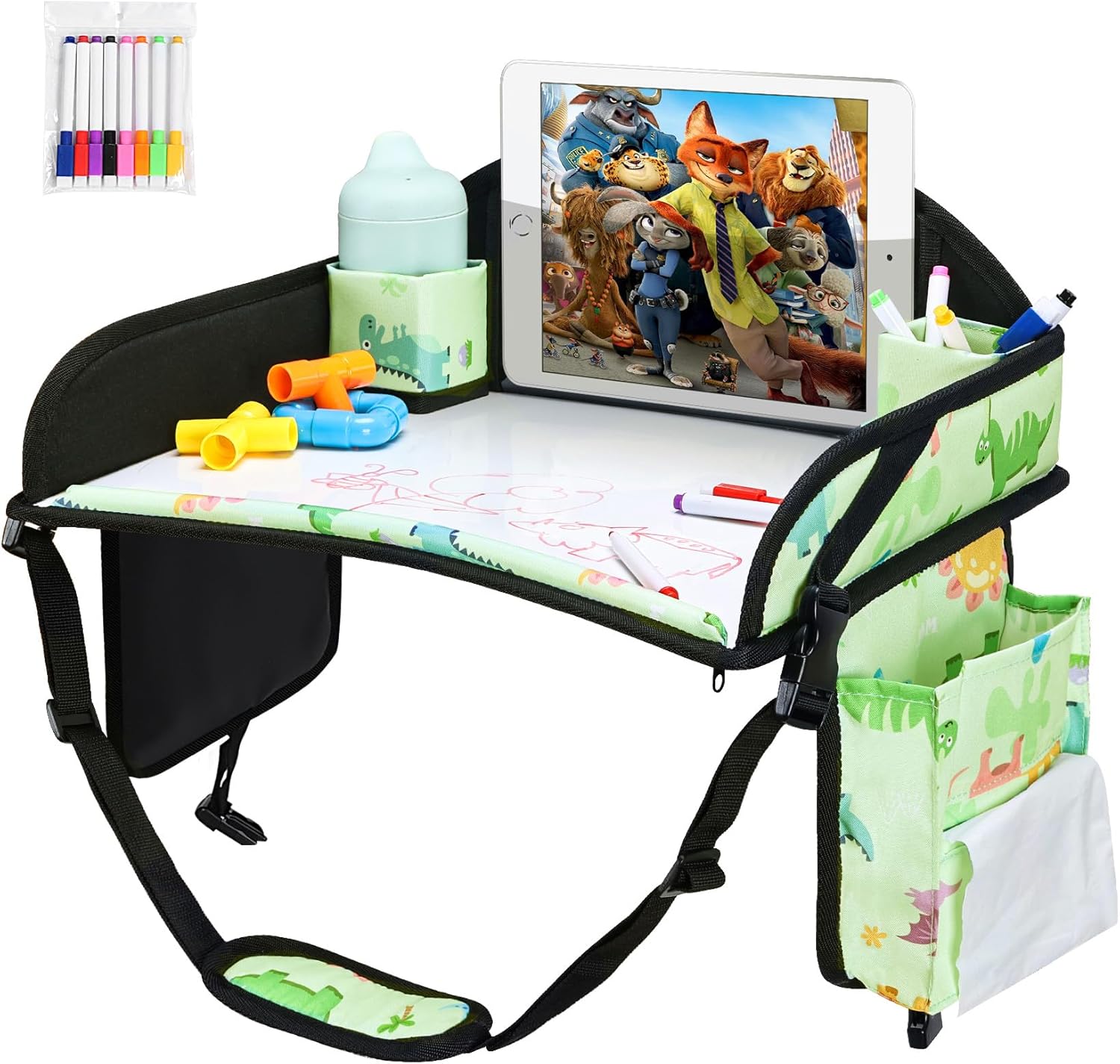 2PCS Kids Travel Tray, Car Seat Tray for kids Travel, Toddler Road Trip Essentials With Drawing Kit, Toddler Lap Desk Organizer for Car, Carseat Table for Airplane
