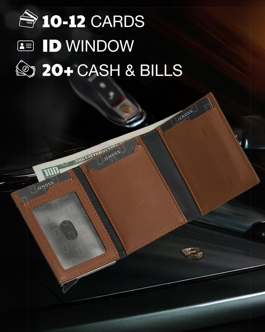 Jenoss Smart Wallet For Men: Full Grain Leather, Handcrafted, Silver Metal Pop Up Case, Slim RFID Blocking Credit Card Holder, Minimalist Compact 12 Cards Slot Organizers ID Money Clip (Black & Brown)
