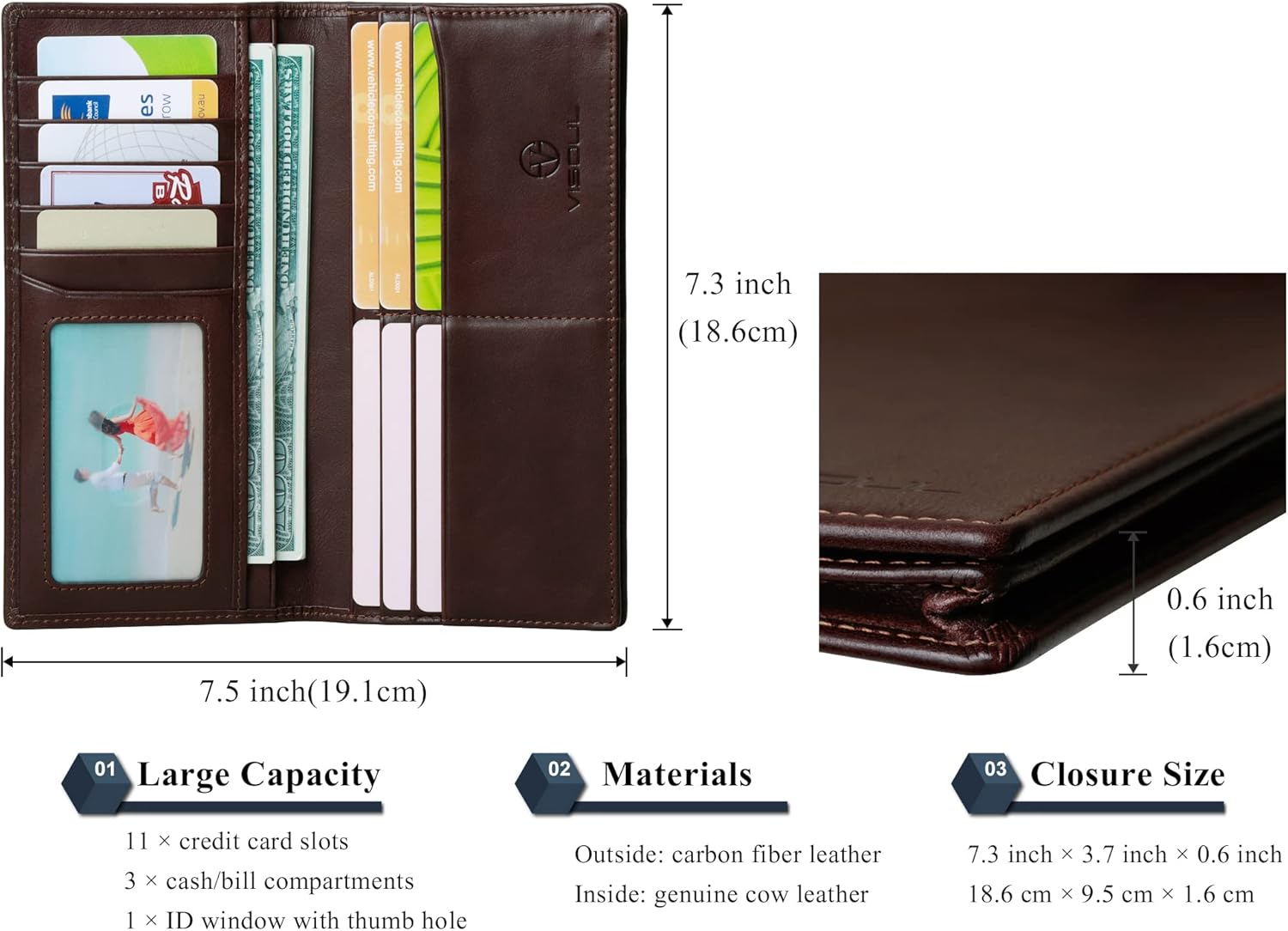 VISOUL Mens Leather Long Checkbook Bifold Wallets with RFID Blocking, Breast Pocket Tall Billfold Secretary Wallet for Men with Card Slots (Coffee)