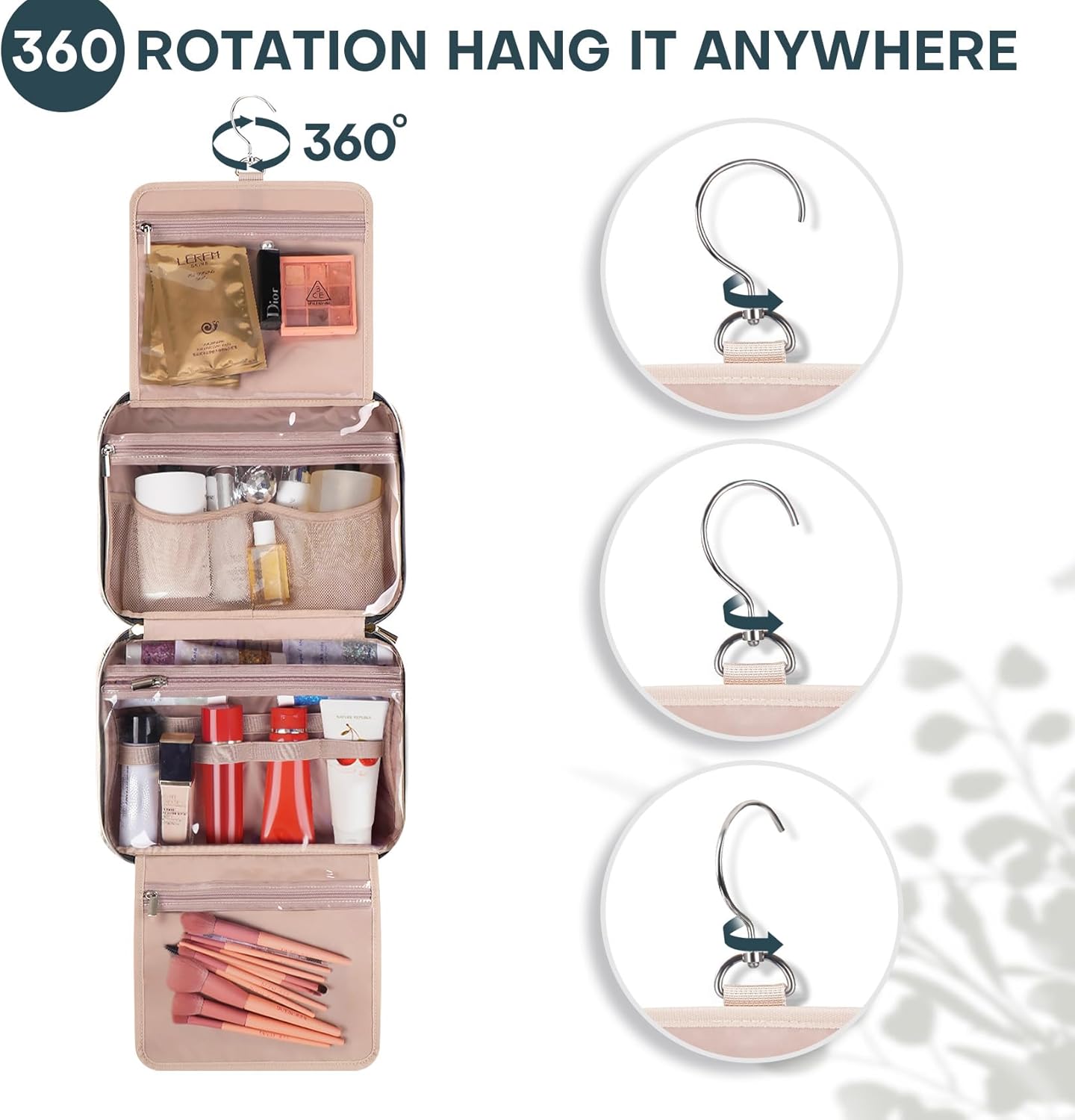 Hanging Toiletry Bag for Women Travel, 2 Sizes Large & Small Waterproof Cosmetic Organizer with 4 Compartments, Rotating Hook, Foldable Pink Travel Bag for Toiletries & Makeup Medium Lake Blue