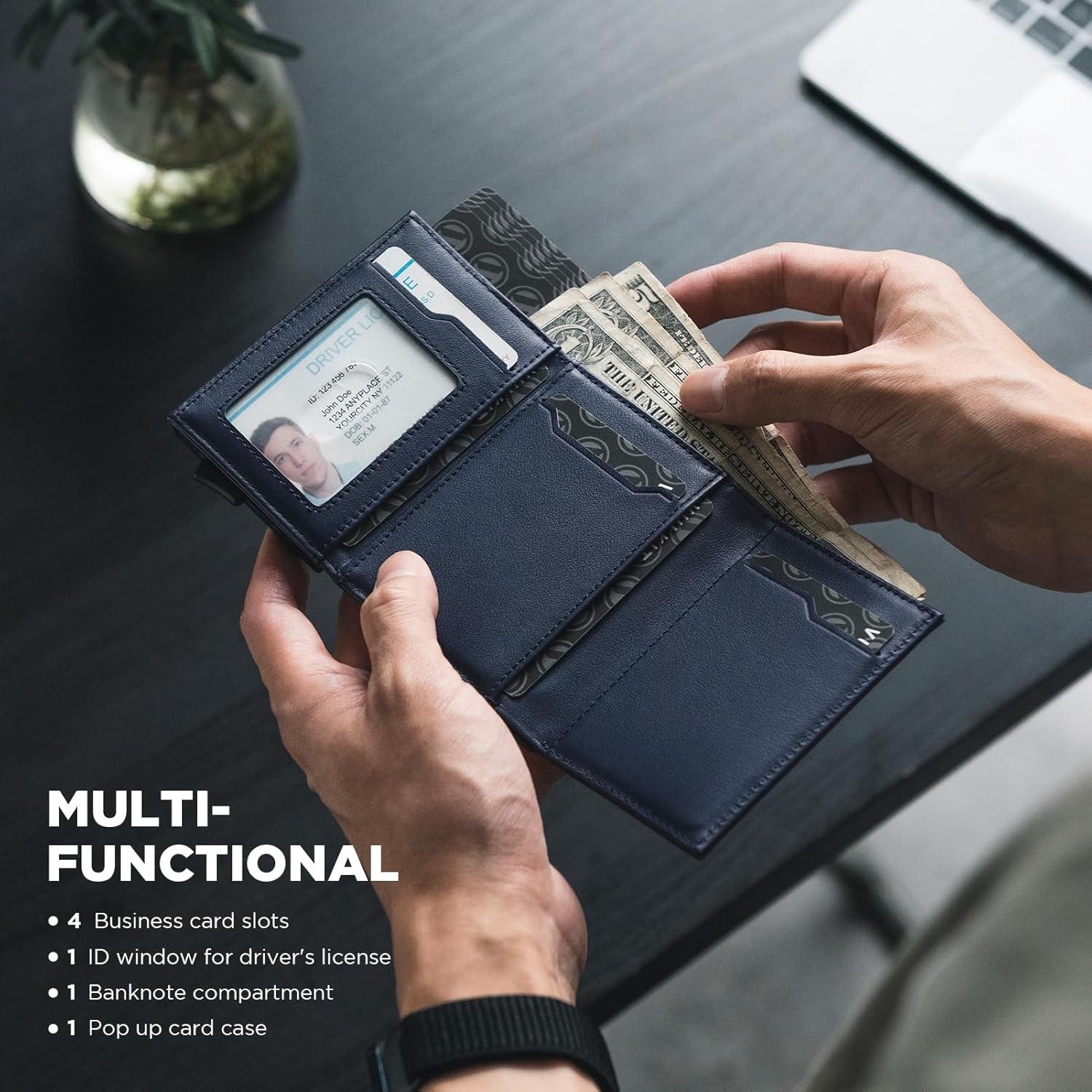 VULKIT Pop up Card Wallet Minimalist Cash Wallets RFID Blocking Leather Smart Credit Card Holder with ID window for Men