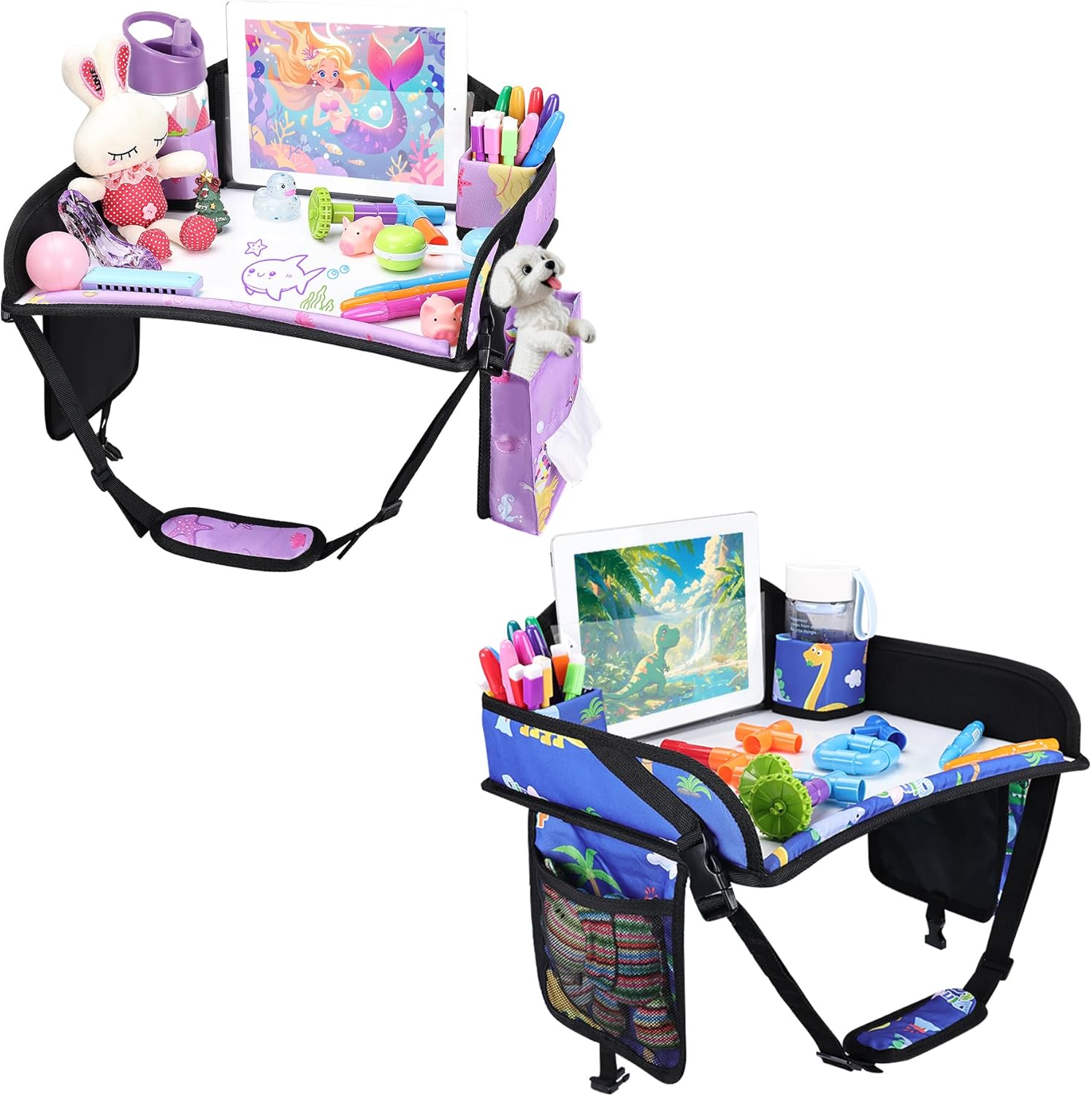 2PCS Kids Travel Tray for Airplane - Toddler Car Seat Table Tray, Road Trip Essentials for Boys & Girls, Carseat Lap Desk for Kids Road Trip Activities (Blue Dinosaur/Purple Mermaid)