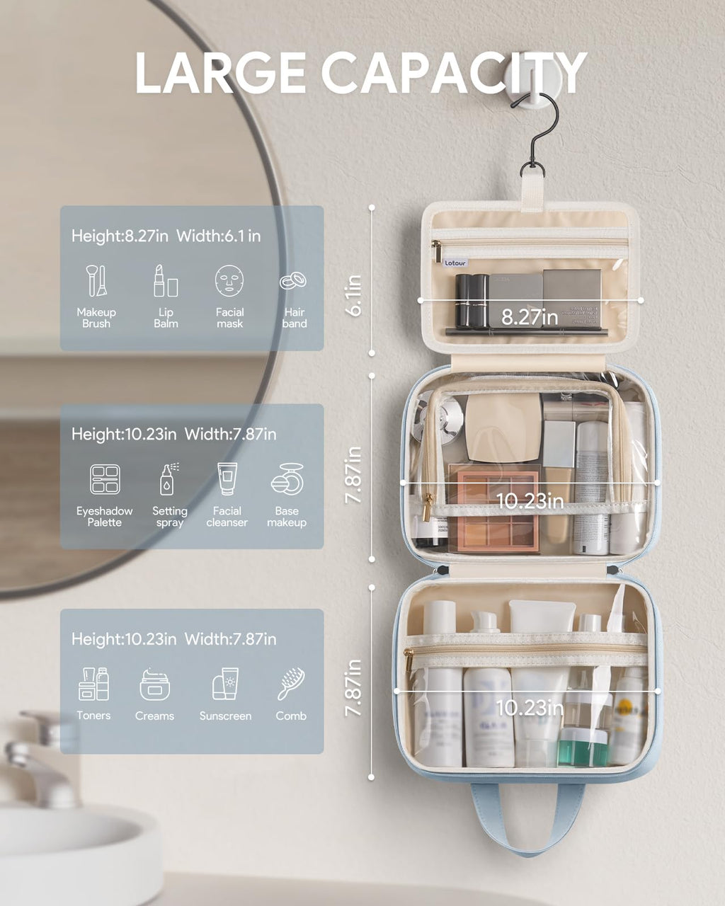 Lotour Travel Toiletry Bag for Women with Travel Size Silicone Containers Set, Hanging Toiletry Bag for toiletries, Cosmetic Bag Travel Organizer (Blue)