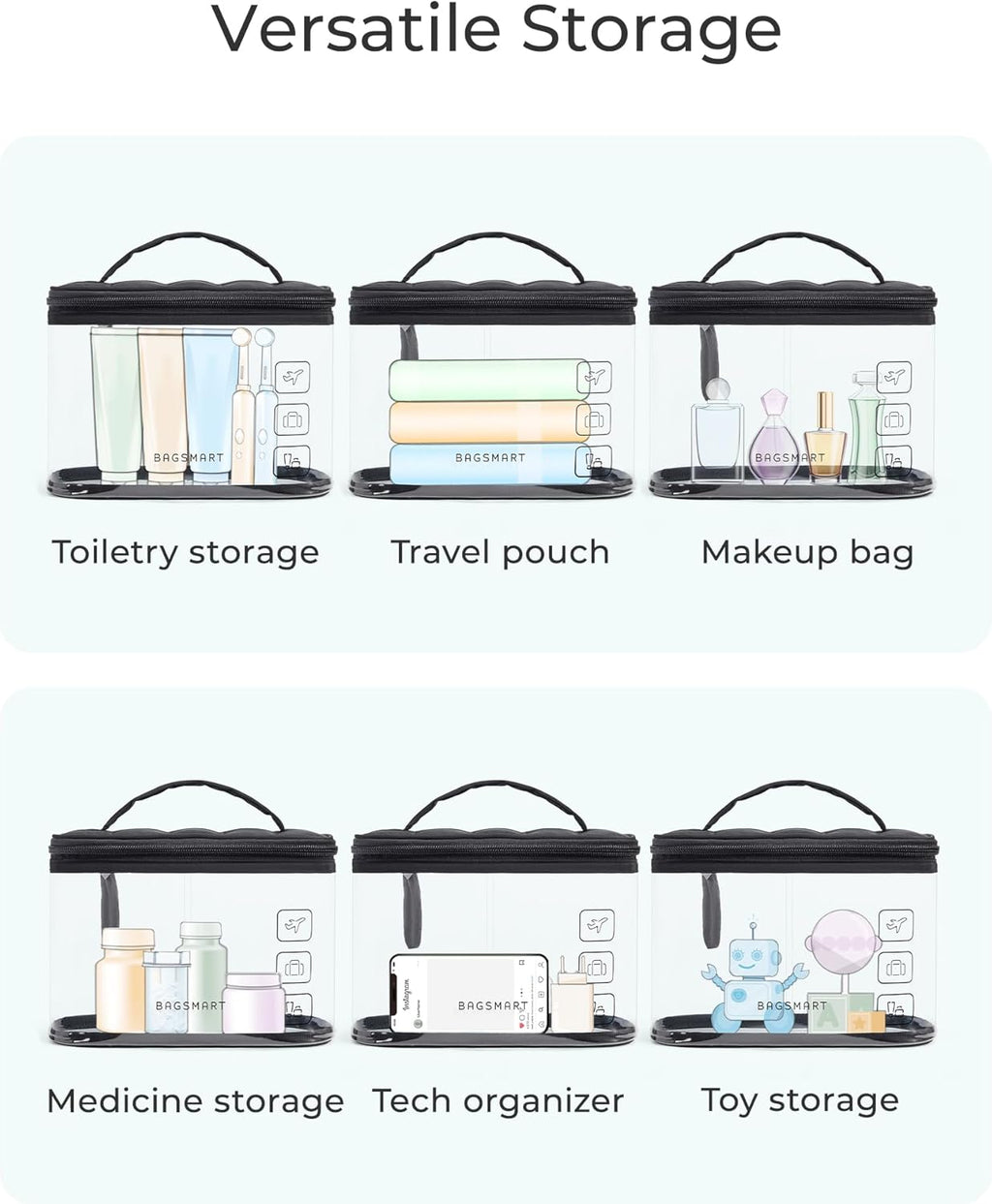 BAGSMART TSA Approved Toiletry Bag, Clear Makeup Cosmetic Bag Organizer, Quart Size Travel Bag for Toiletries, Carry-on Travel Accessories Essentials, 1 Pack-Black