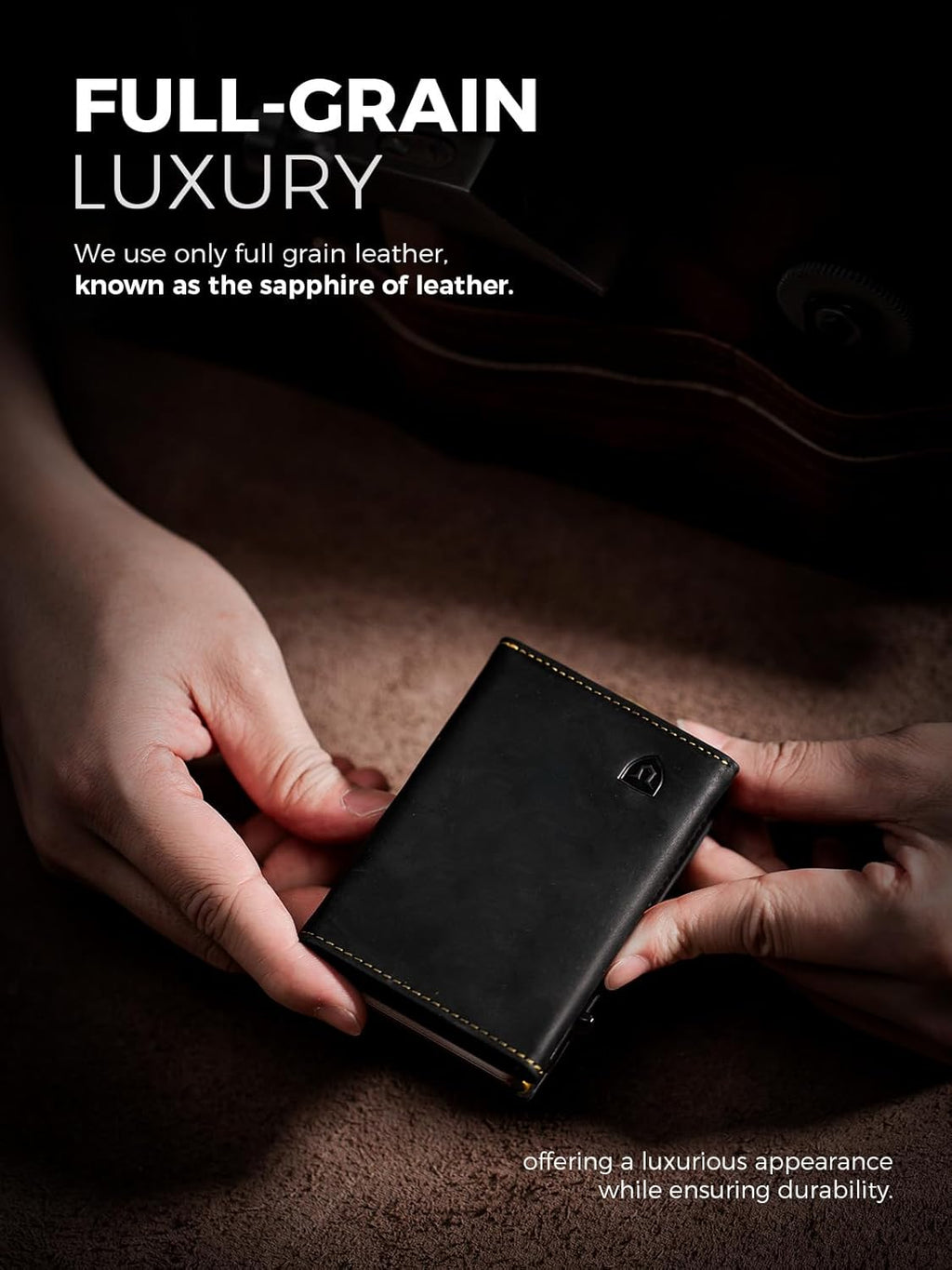 LORZOR Minimalist Wallet for Men with Credit Card Holder, Finest Full Grain Leather, Pop up Smart Wallet, Trifold Slim Wallet, RFID Blocking, Front Pocket, ID Window (Black/Yellow Black)