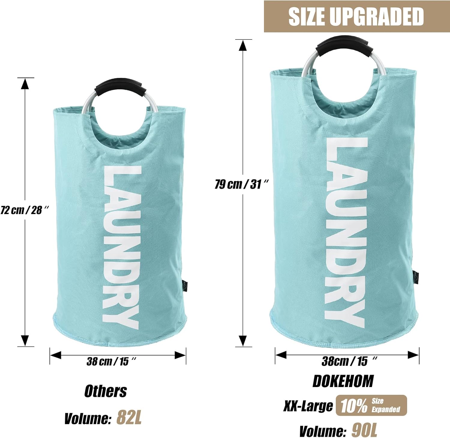 DOKEHOM 90L Large Laundry Basket, Collapsible Laundry Bag, Freestanding Tall Clothes Hamper, Foldable Washing Bin (Light Blue)