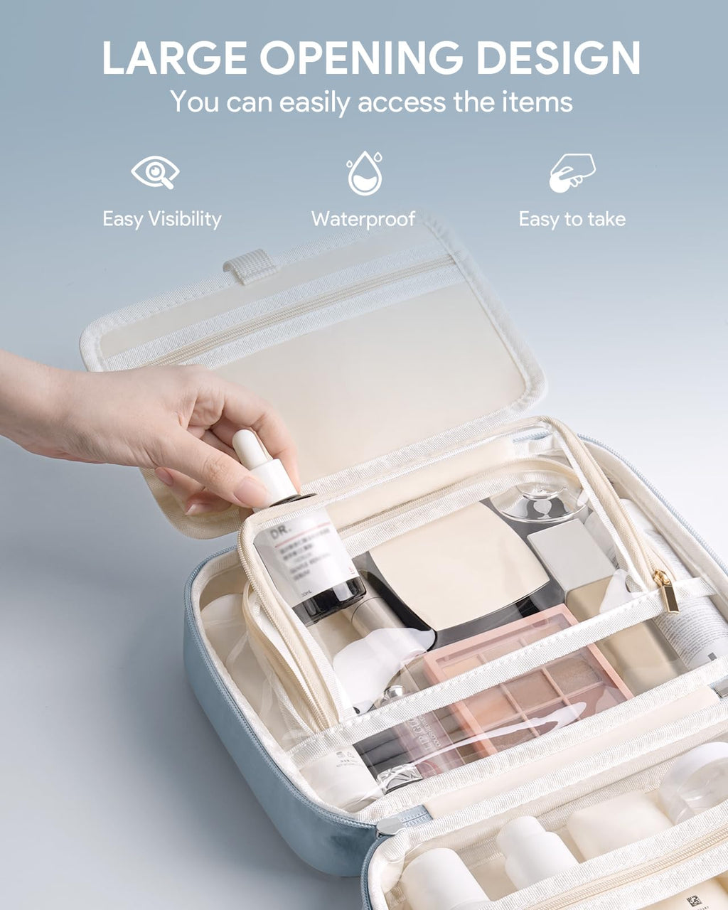 Lotour Travel Toiletry Bag for Women with Travel Size Silicone Containers Set, Hanging Toiletry Bag for toiletries, Cosmetic Bag Travel Organizer (Blue)