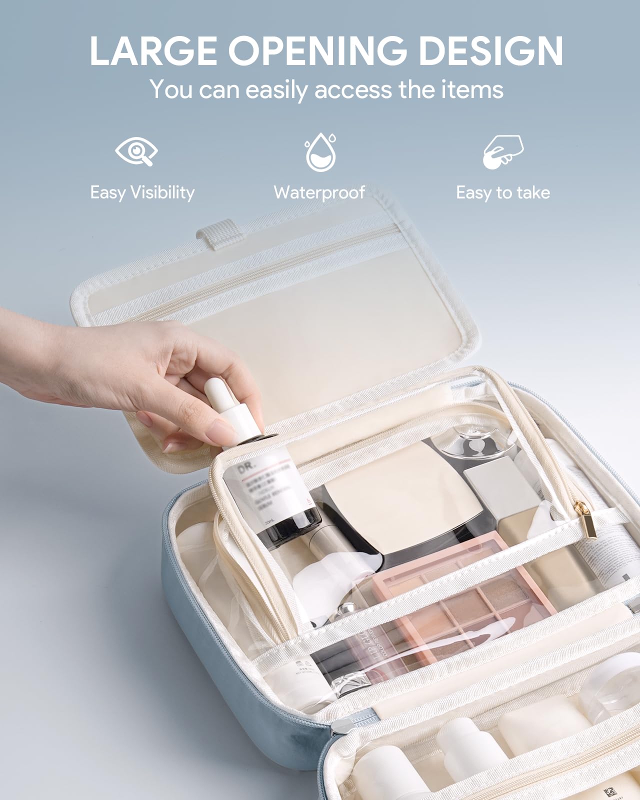 Lotour Travel Toiletry Bag for Women with Travel Size Silicone Containers Set, Hanging Toiletry Bag for toiletries, Cosmetic Bag Travel Organizer (Blue)