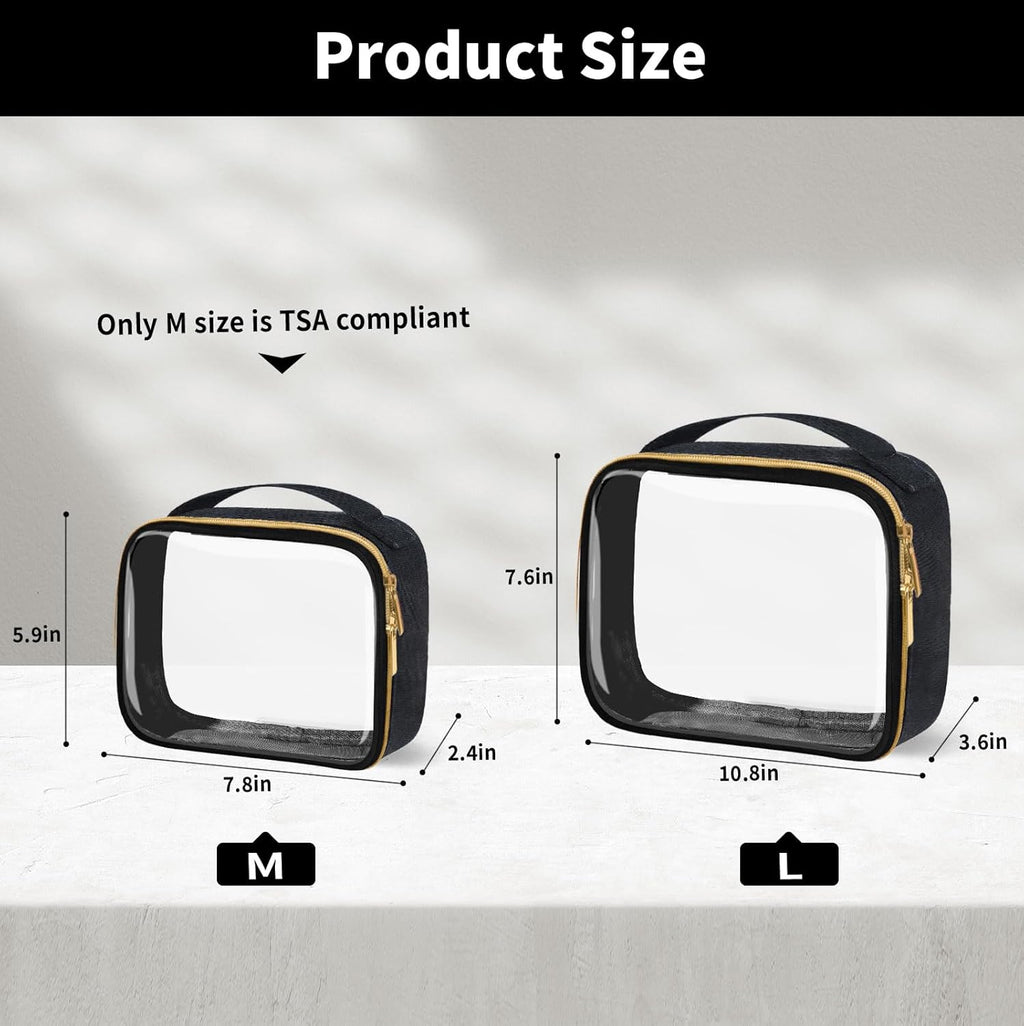 TSA Approved Travel Toiletry Bag,2 Pack Clear Makeup Bags with Handles,Quart Size Clear Cosmetic Bags for Traveling Women,Men,Carry on Airport Airline Compliant Bag,Black