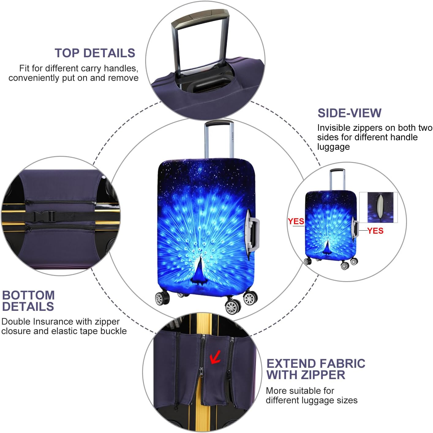 7-Mi Suitcase Cover 3D Print Design Travel Luggage Protector Trolley Case Cover 26"-28" Sleeve, BluePeacock
