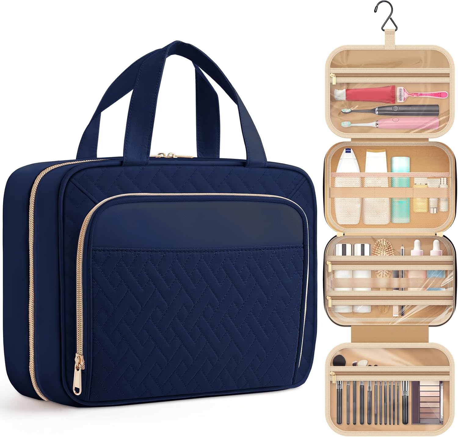 HOTOR Travel Toiletry Bag for Women & Men, Waterproof Makeup Bag with Hanging Hook and Multiple Pockets, Cosmetic Bags for Women, Travel Essentials, 11.2'' x 3.2'' x 8.9'', Dark Blue