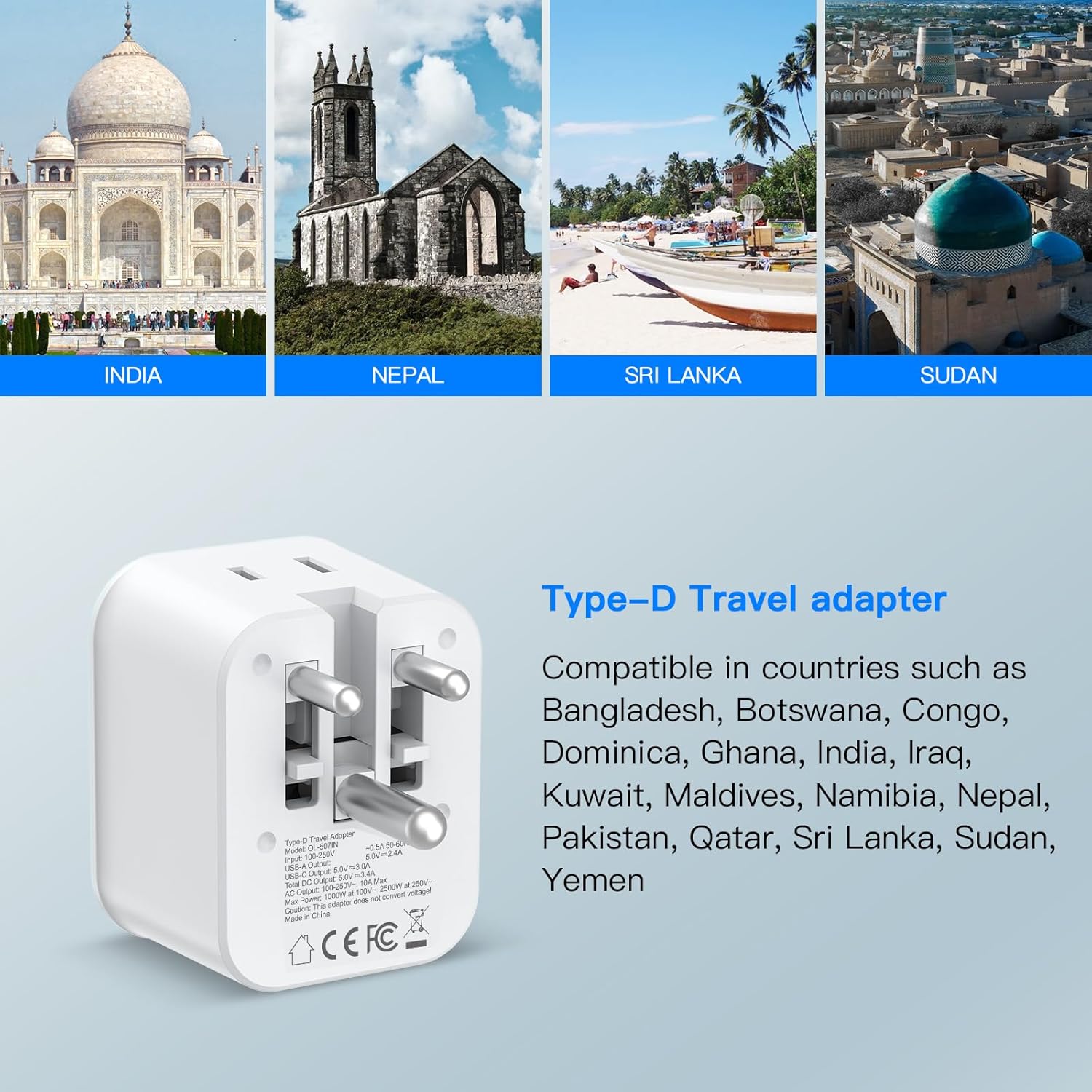 US to India Travel Plug Adapter, Foldable India Power Adapter with 4 USB(2 USB C Port) and 2 AC Outlets Charger, Type D Adaptor for US to India Bangladesh Maldives Pakistan Sri Lanka(1 Pack)