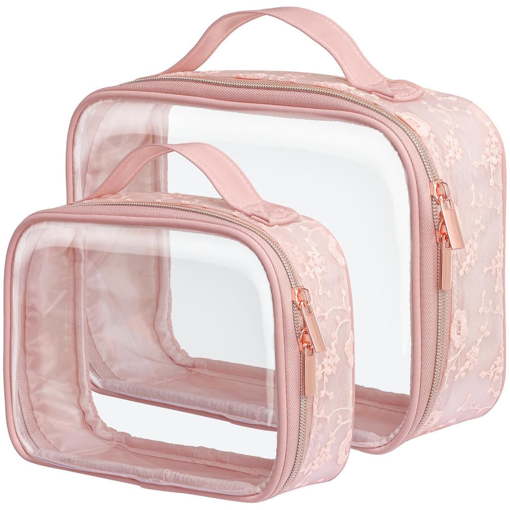 PACKISM Floral Texture Lace TSA Approved Toiletry Bag - 180° Large Opening Clear Makeup Bags in 2 Size, Clear Bags for Travel with Handle, 0.5 mm Thick Non-deformable No Smell, Pink