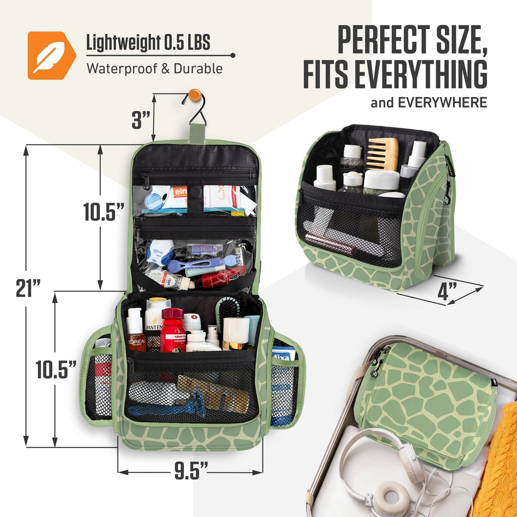 VENTURE 4TH Hanging Travel Toiletry Bag for Women & Men - Travel Organizer with Expandable Compartments & Removable Clear Pouch for Toiletries (Olive Giraffe)