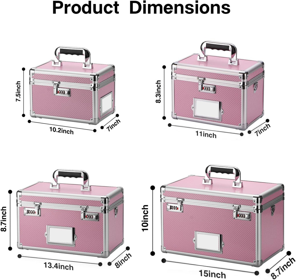 10.2 x 7 x 7.5 Inch Lockable Storage Box with Combination Lock, Portable Safe for Documents, Medicine, Cash & Valuables, Medicine Lock Box with Label Slot for Home, Office & Travel - Pink