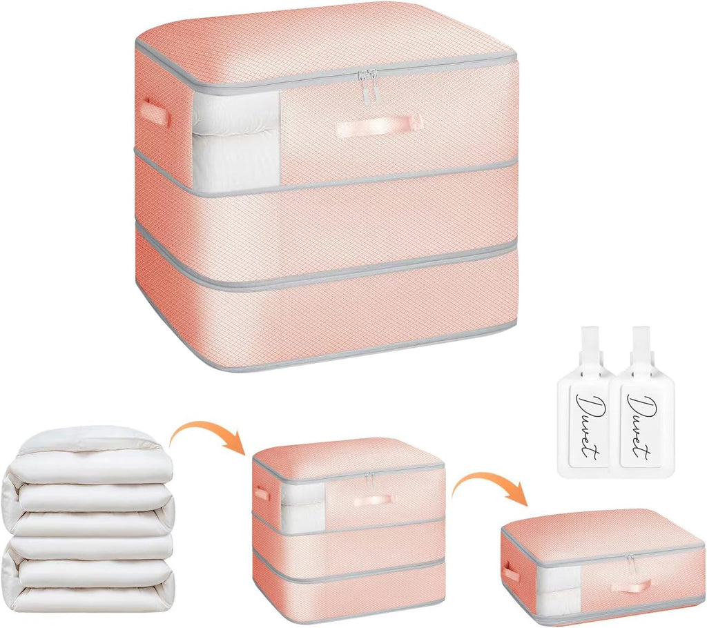 1 Pack Compression Storage Bags - 110L Large Capacity Comforter Storage Bag, 3-Layer Washable Ultra Space Saving Self Compression Organizer Space Bags for Blankets, Sweaters, Sheets, Pink