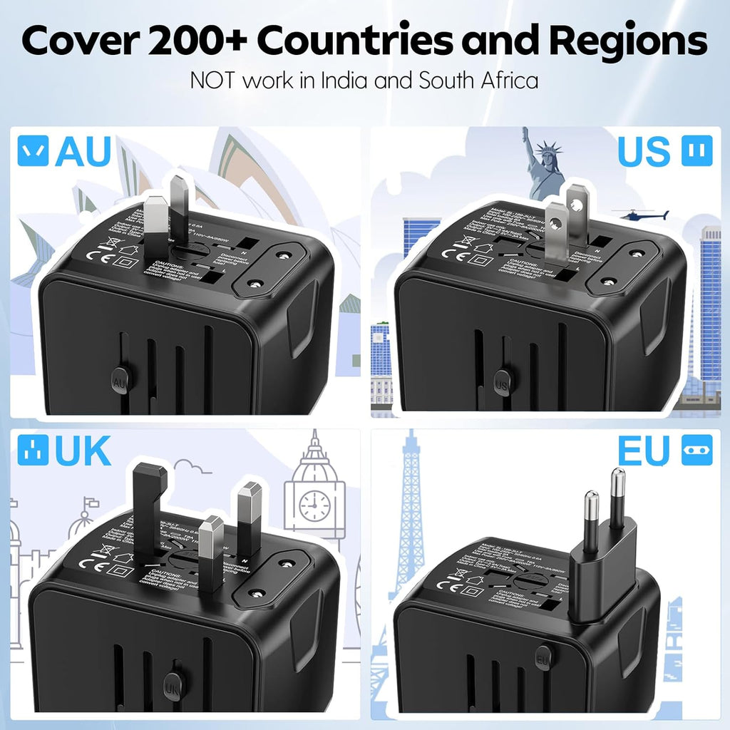 JMFONE Universal Travel Plug Adapter 5 in 1 Charger, European Travel Plug Adapter 2xUSB-A and 2xUSB C Wall Charger with Worldwide AC Outlet,International Power Adapter for Europe USA UK AUS Asia