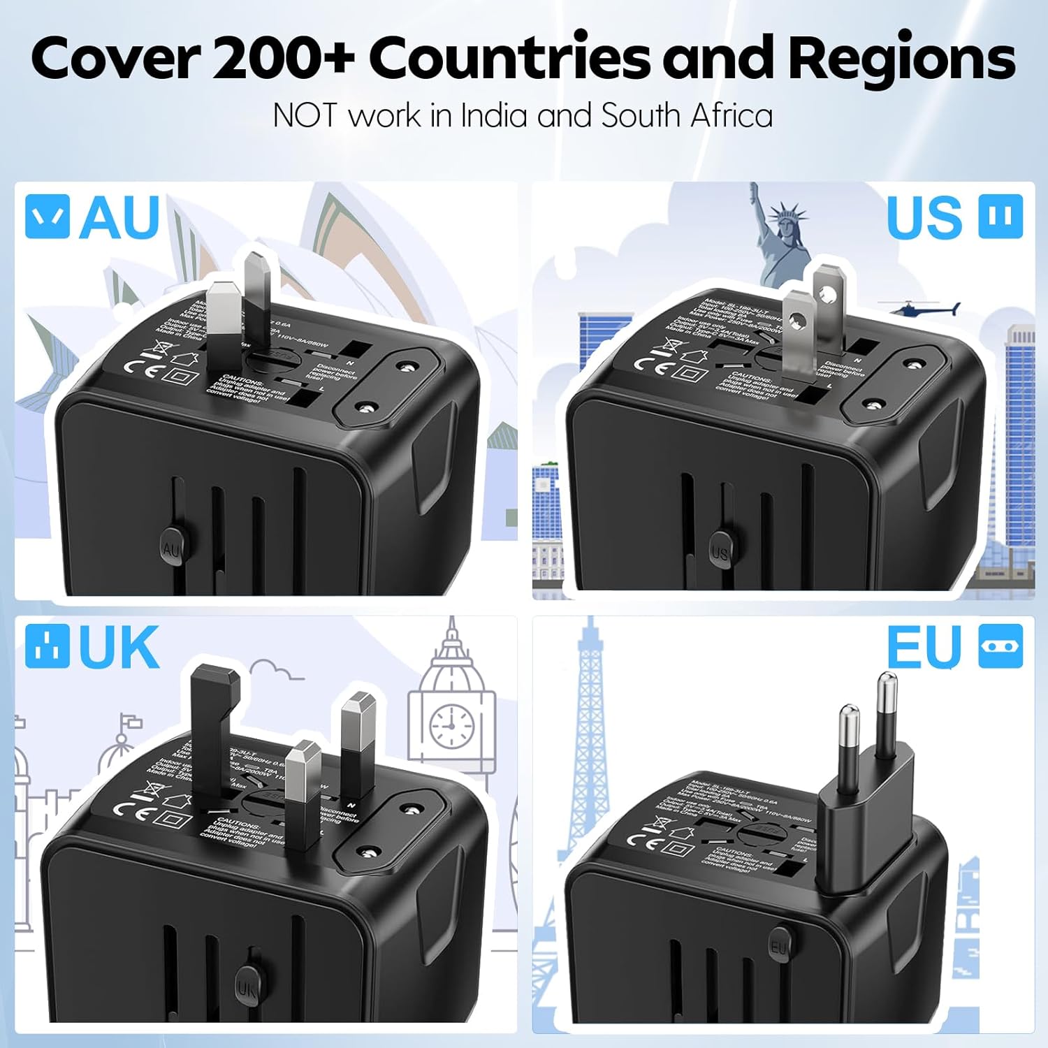 JMFONE Universal Travel Plug Adapter 5 in 1 Charger, European Travel Plug Adapter 2xUSB-A and 2xUSB C Wall Charger with Worldwide AC Outlet,International Power Adapter for Europe USA UK AUS Asia