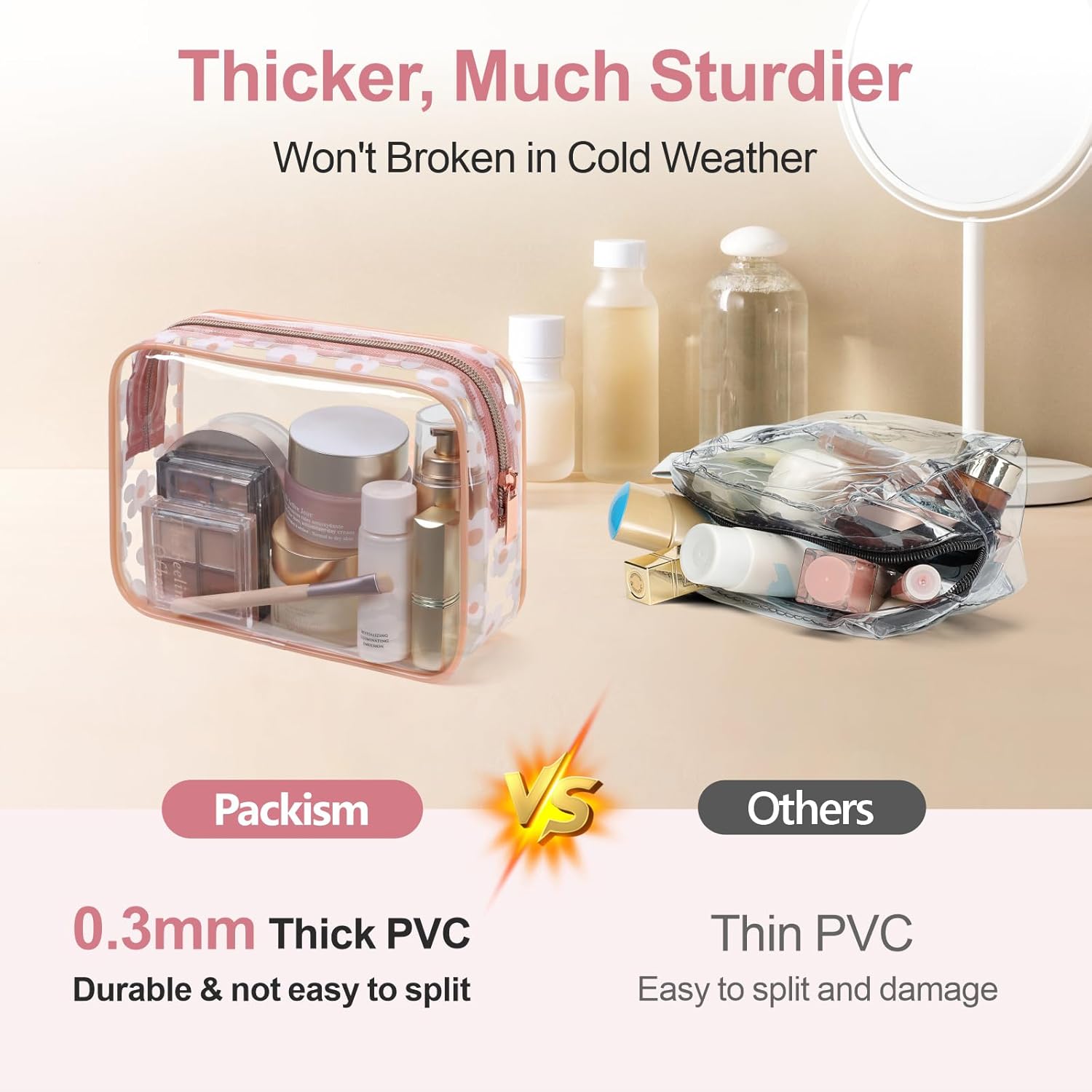 PACKISM TSA Approved Toiletry Bag - Rose Pink Flower Print Clear Makeup Bag, Suitable for Gifts, with Supporting Frame, Perfect for Travel Essentials, Thick No Smell