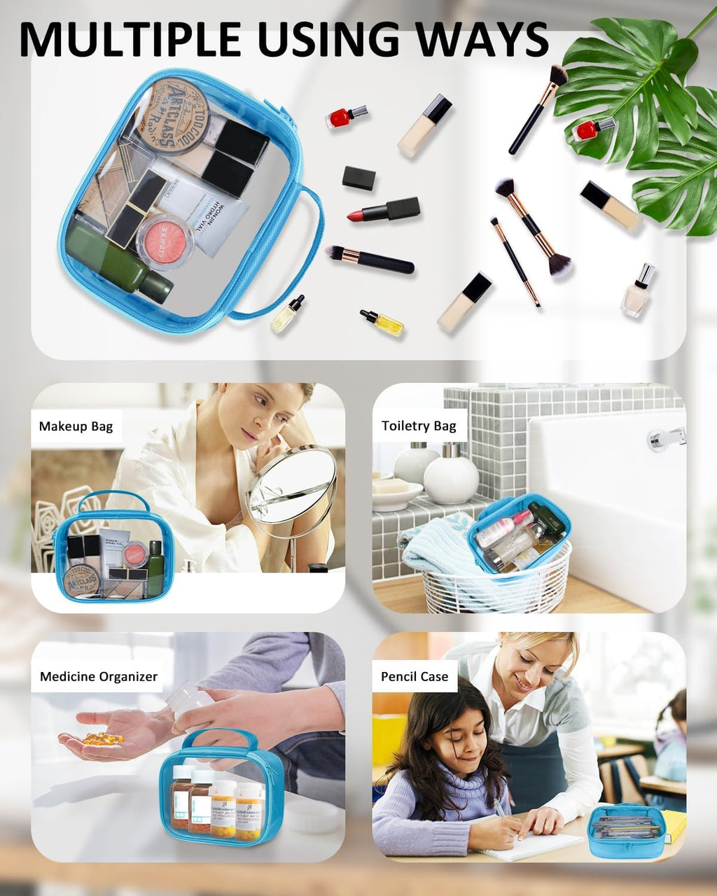 Moyad TSA Approved Clear Toiletry Bag, 3 Pack Quart Size 3-1-1 Liquids Pouch for Travel, Transparent Makeup & Cosmetic Organizer for Women Men, Blue