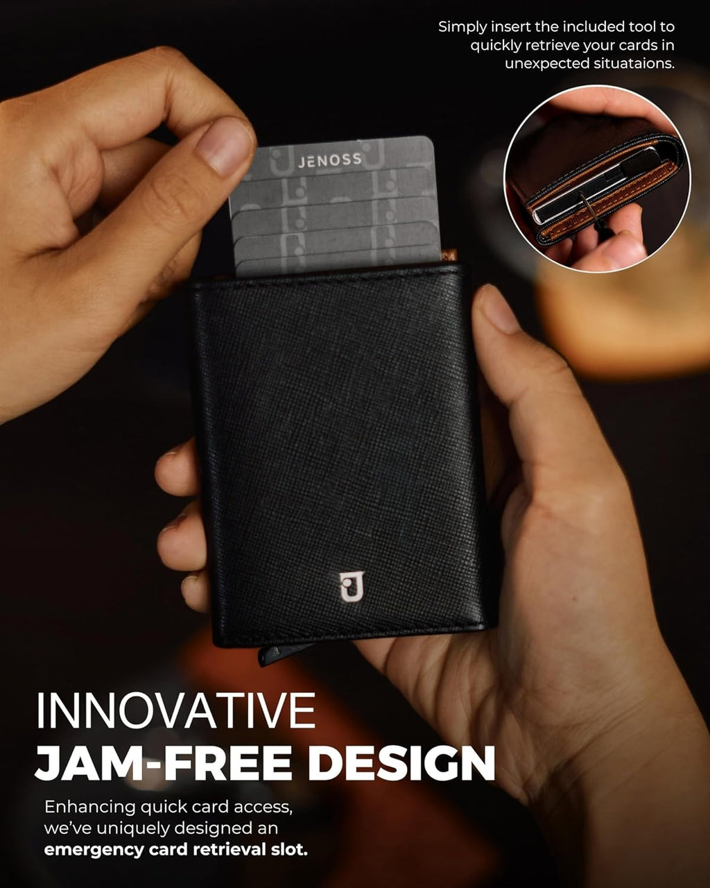Jenoss Smart Wallet For Men: Full Grain Leather, Handcrafted, Silver Metal Pop Up Case, Slim RFID Blocking Credit Card Holder, Minimalist Compact 12 Cards Slot Organizers ID Money Clip (Black & Brown)