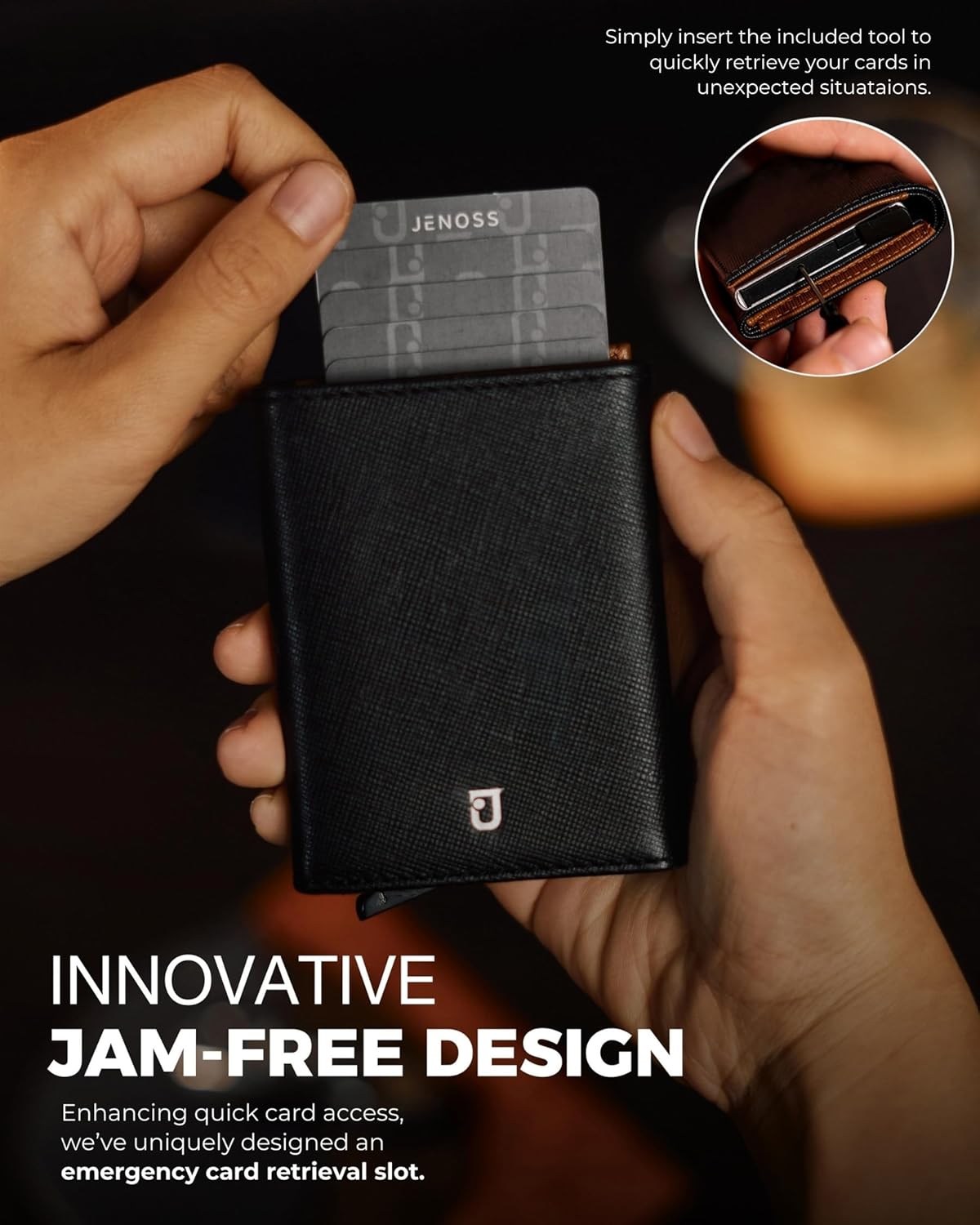 Jenoss Smart Wallet For Men: Full Grain Leather, Handcrafted, Silver Metal Pop Up Case, Slim RFID Blocking Credit Card Holder, Minimalist Compact 12 Cards Slot Organizers ID Money Clip (Black & Brown)