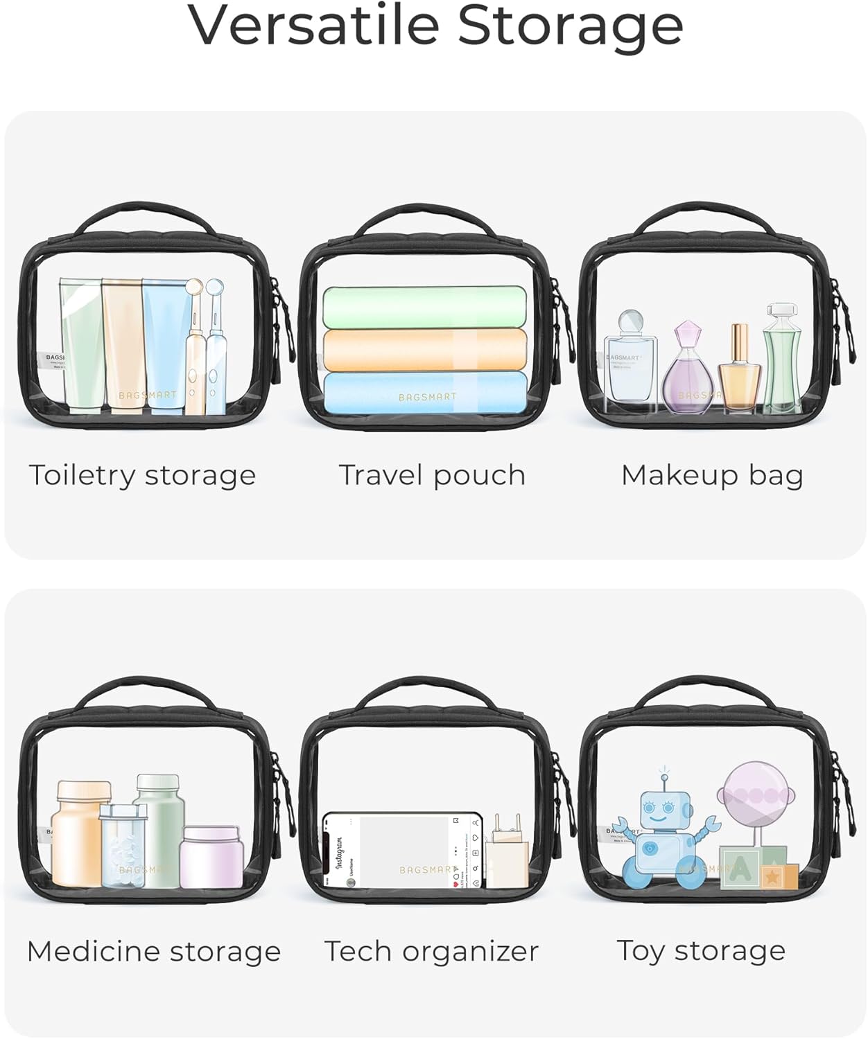 BAGSMART 2 Pack Clear Toiletry Bag, Puffy Edges TSA-Approved Travel Toiletry Bag, Large Opening with Handle, Cosmetic Organizer with Double Zipper for Women