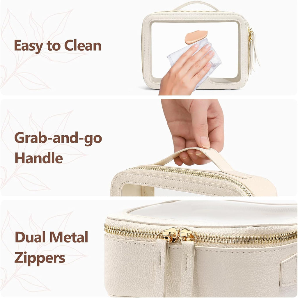 PACKISM Large Clear Makeup Bag - Pebbled Texture & Hard PU Leather Car Bag Organizer for Car Essentials, with Message Card Travel Cosmetic Bag for Women Gift (Cream Large)