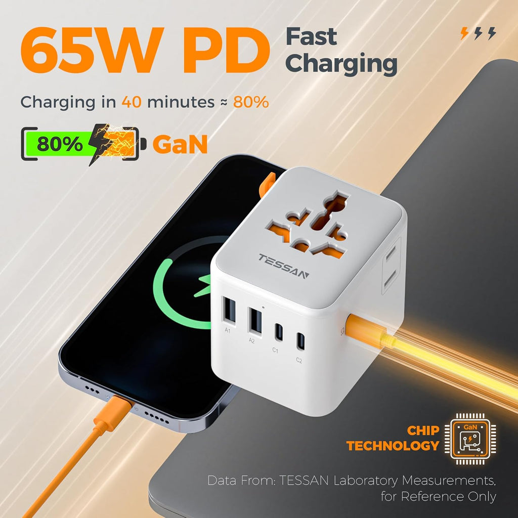 TESSAN Universal Travel Adapter 65W GaN, International Power Adapter with Extra 2 Prong AC Outlet, 5 USB Ports (3 USB C), Worldwide Plug Adaptor for US to Europe UK Australia Ireland (Type C G A I)