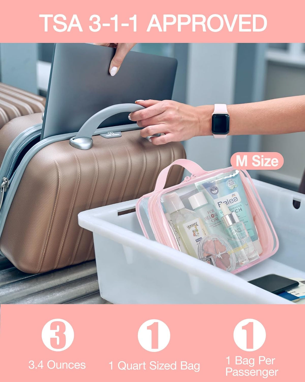 BAGSMART TSA Approved Clear Toiletry Bag, 3 Packs Quart Size Water Resistant Makeup Cosmetic Bags for Women, Airport Airline Travel Essential Carry On Organizer with Handle Large Opening, Pink