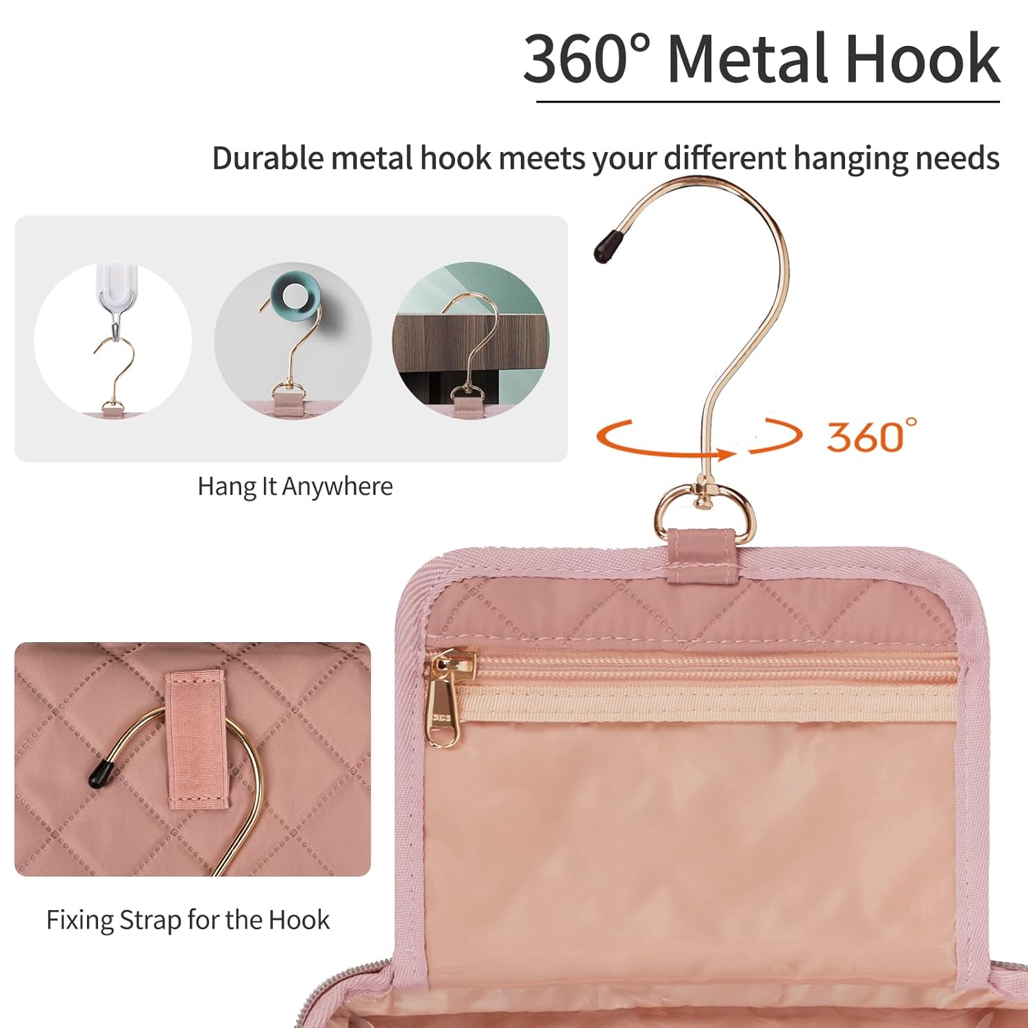 CUBETASTIC Travel Toiletry Bag, Makeup Bag for Women, Small Hanging Travel Bag for Toiletries with 3 Compartment, Portable Cosmetic Organizer Case, Water-resistant, Pink