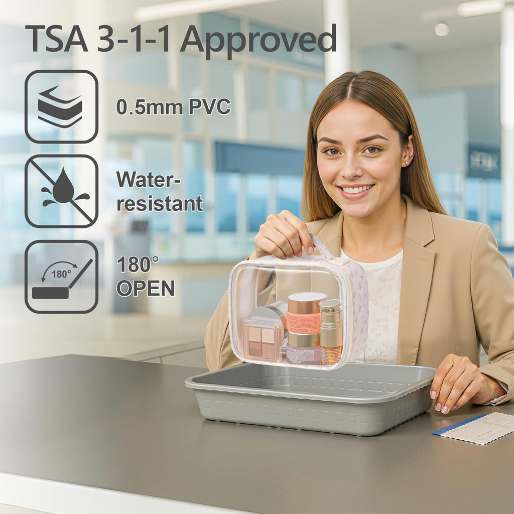 PACKISM Clear Makeup Bag - 2 Pack TSA Approved Toiletry Bag with Handle and 180° Large Opening, Sturdy Clear Toiletry Bag Fit Carry-on Travel Essential, Travel Bags for Toiletries, Pink Ditsy Floral