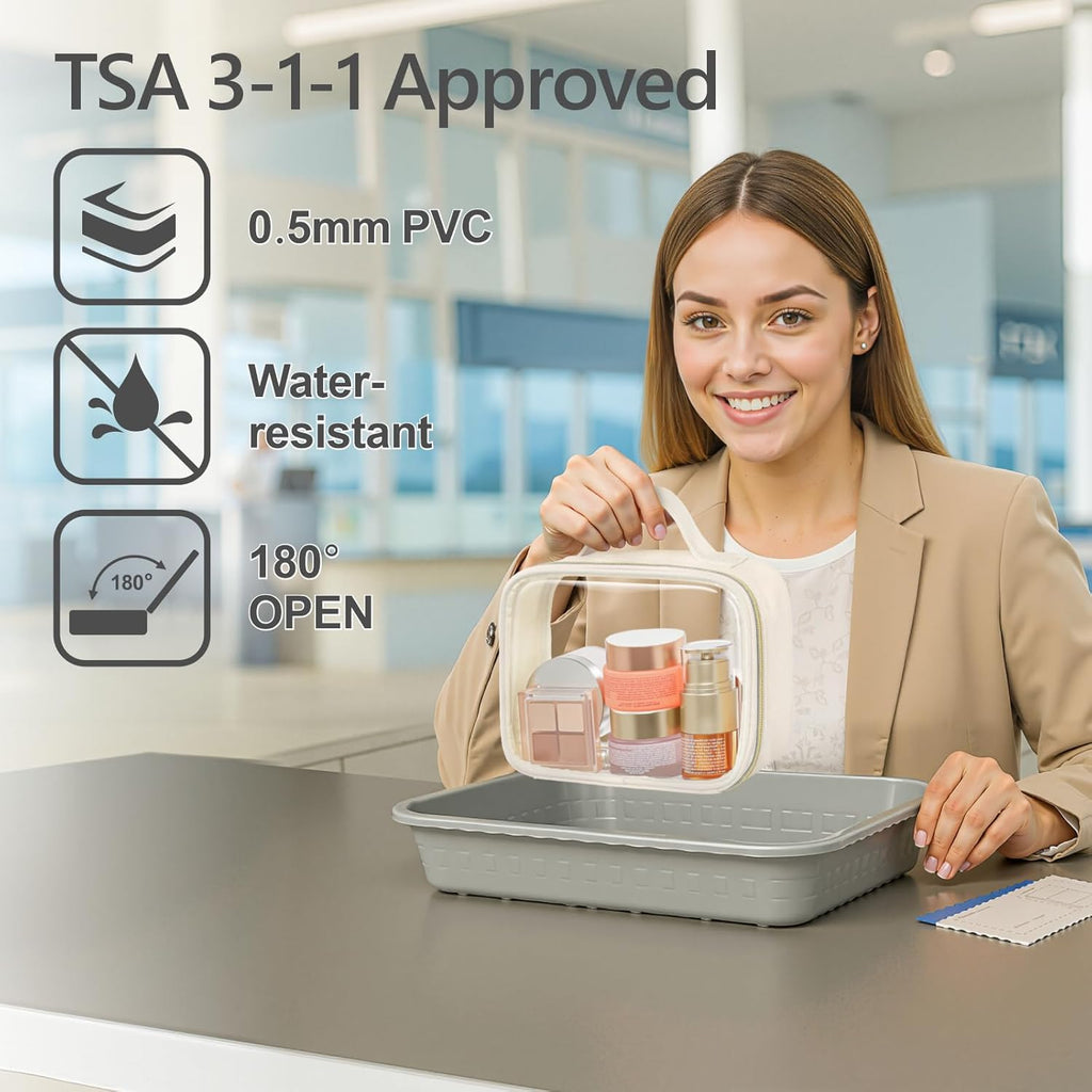 PACKISM Clear Makeup Bag - 2 Pack TSA Approved Toiletry Bag with Handle and 180° Large Opening, Sturdy Clear Toiletry Bag Fit Carry-on Travel Essential, Travel Bags for Toiletries, Creamy Off-White
